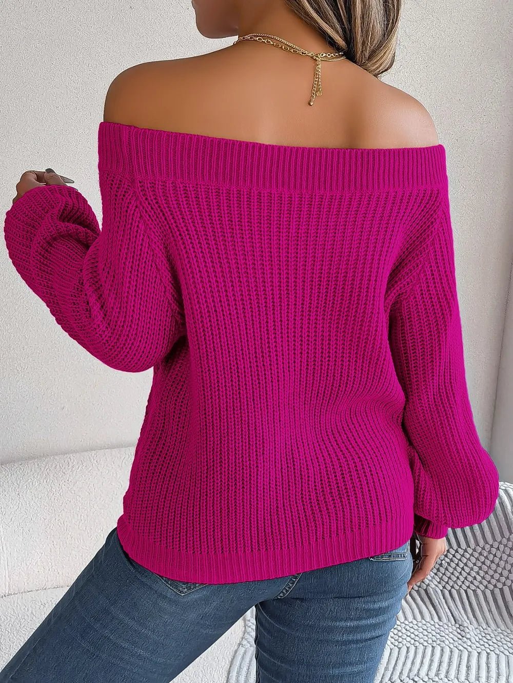 Openwork Off - Shoulder Long Sleeve Sweater - MAD RUFFI