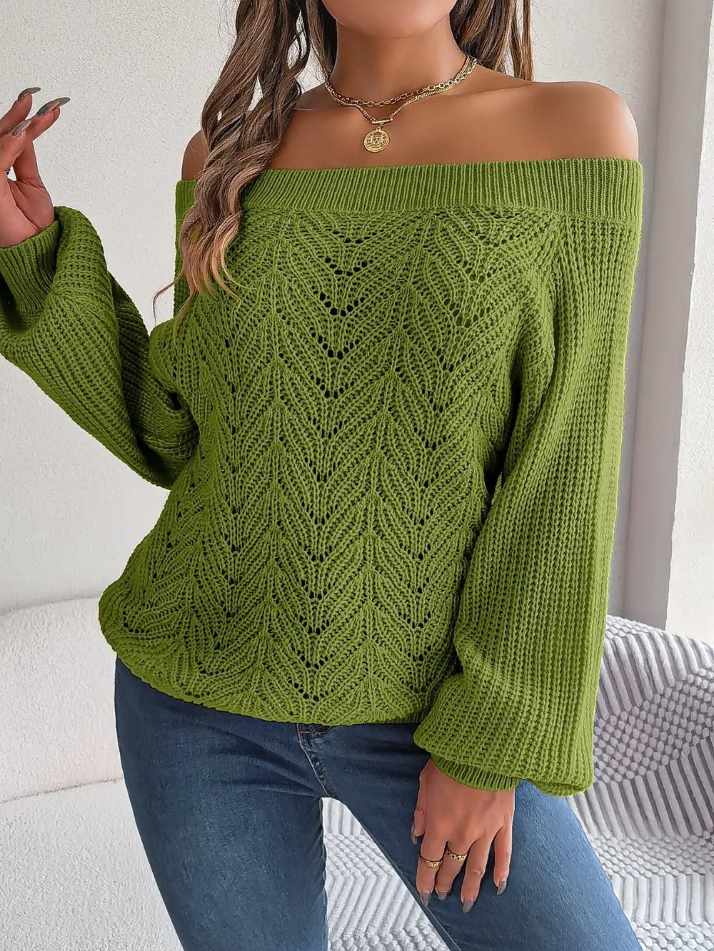 Openwork Off - Shoulder Long Sleeve Sweater - MAD RUFFI