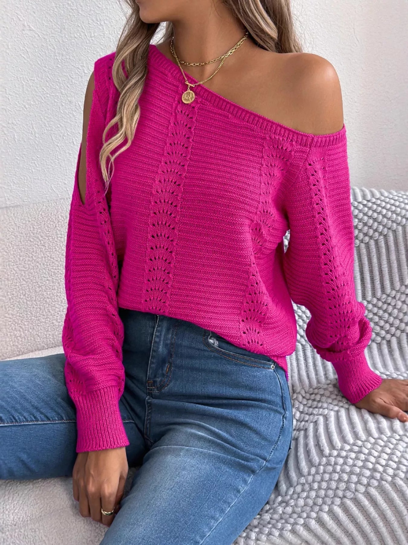 Openwork One Shoulder Cutout Long Sleeve Sweater - MAD RUFFI