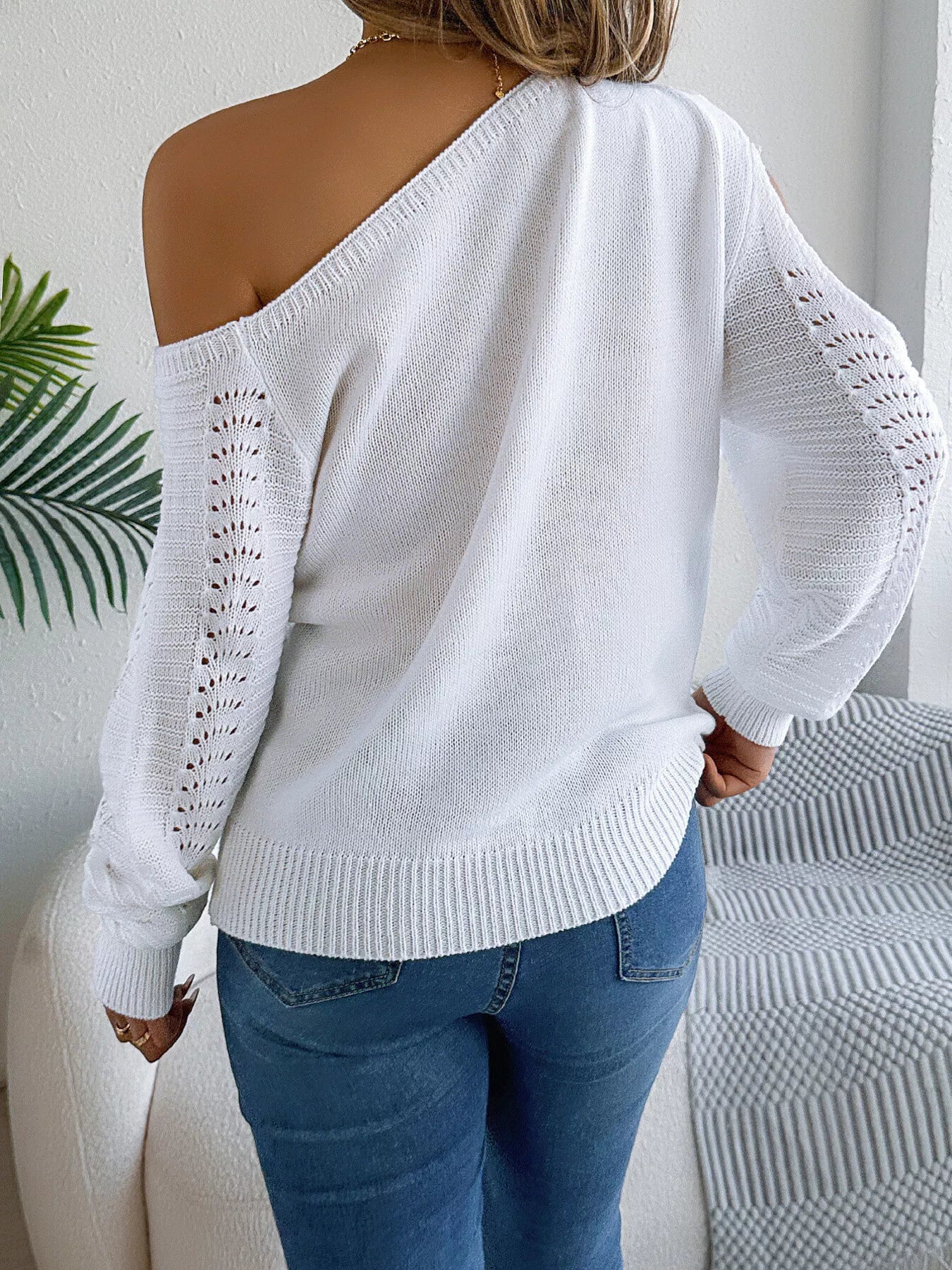 Openwork One Shoulder Cutout Long Sleeve Sweater - MAD RUFFI