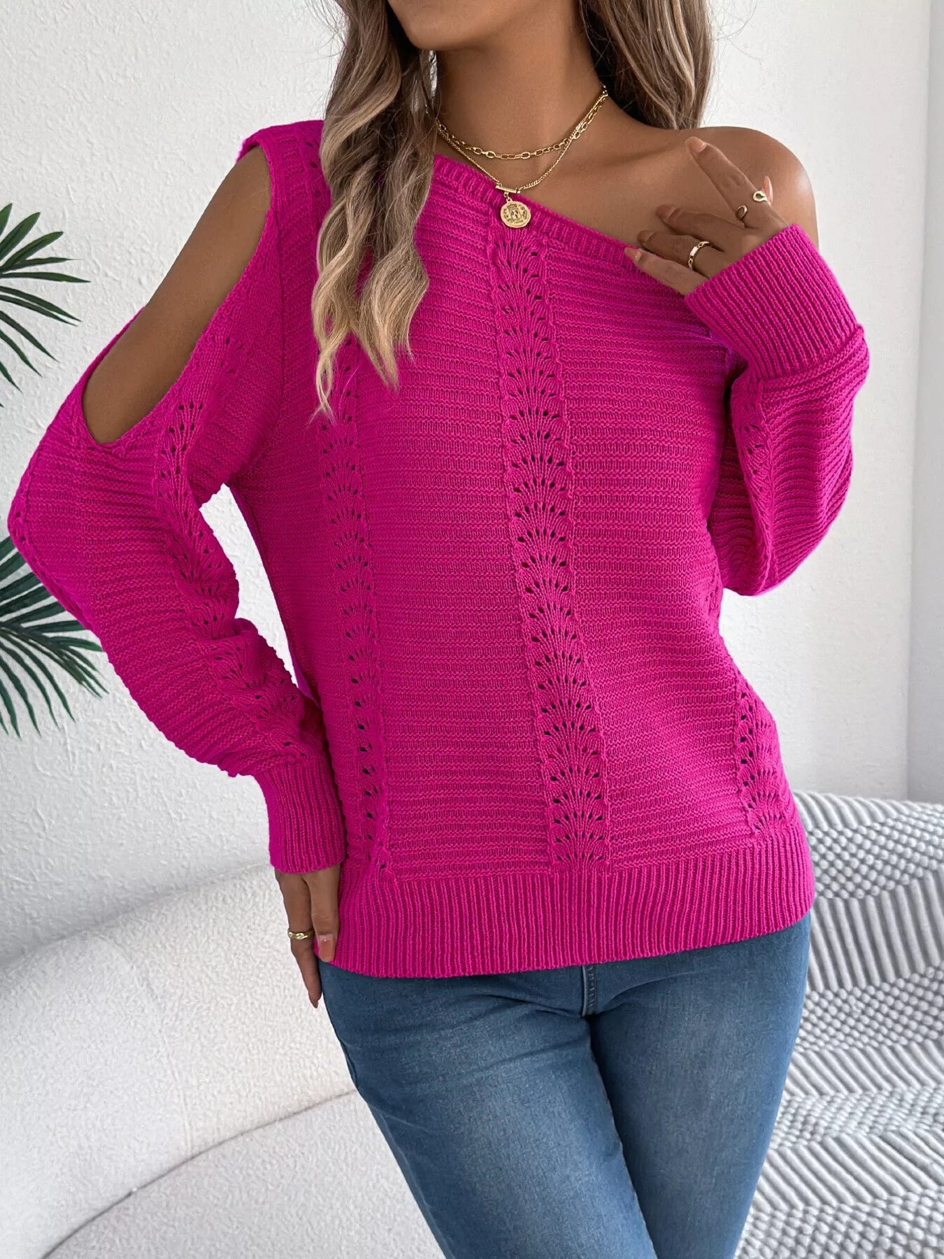 Openwork One Shoulder Cutout Long Sleeve Sweater - MAD RUFFI