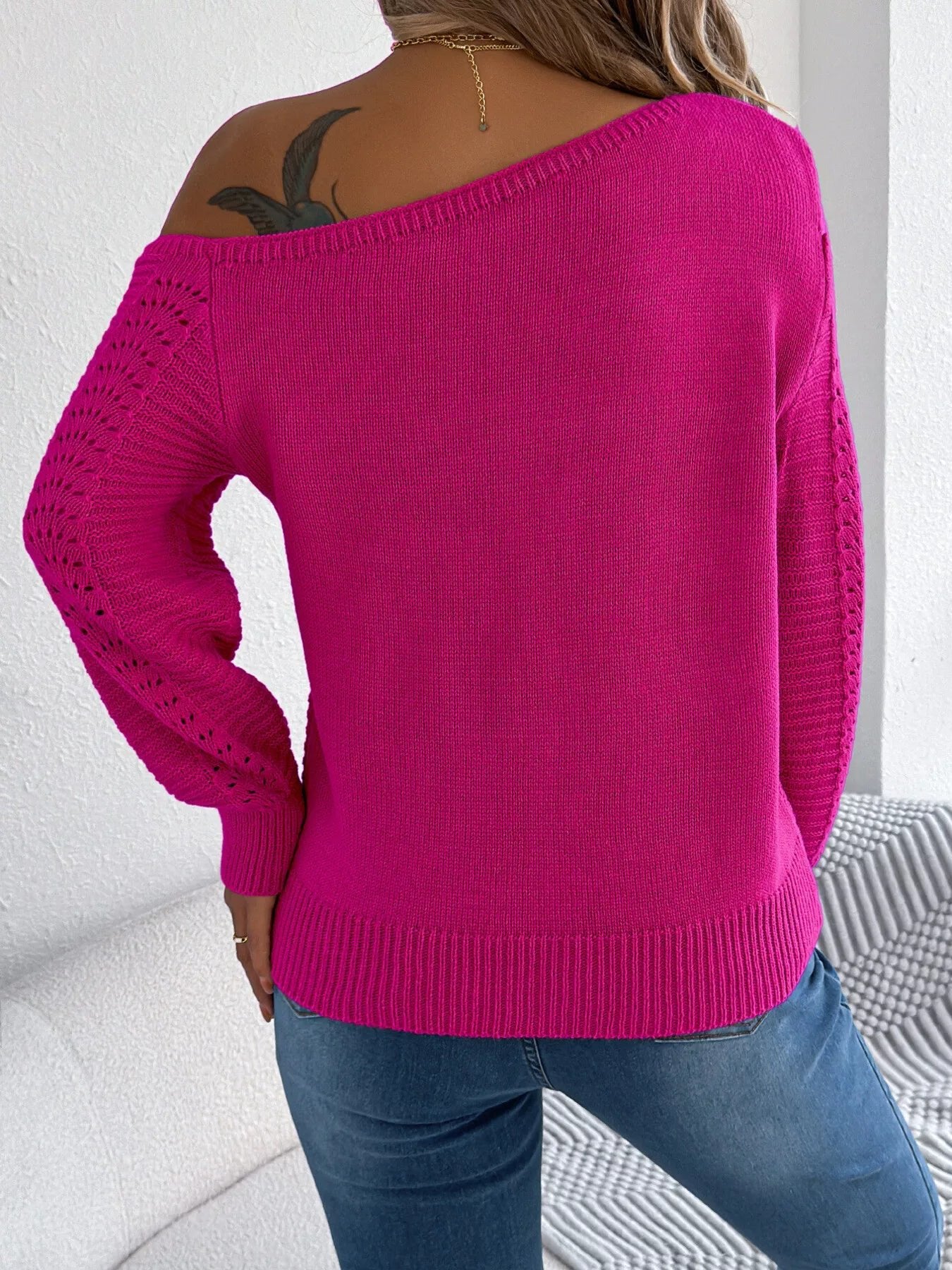 Openwork One Shoulder Cutout Long Sleeve Sweater - MAD RUFFI