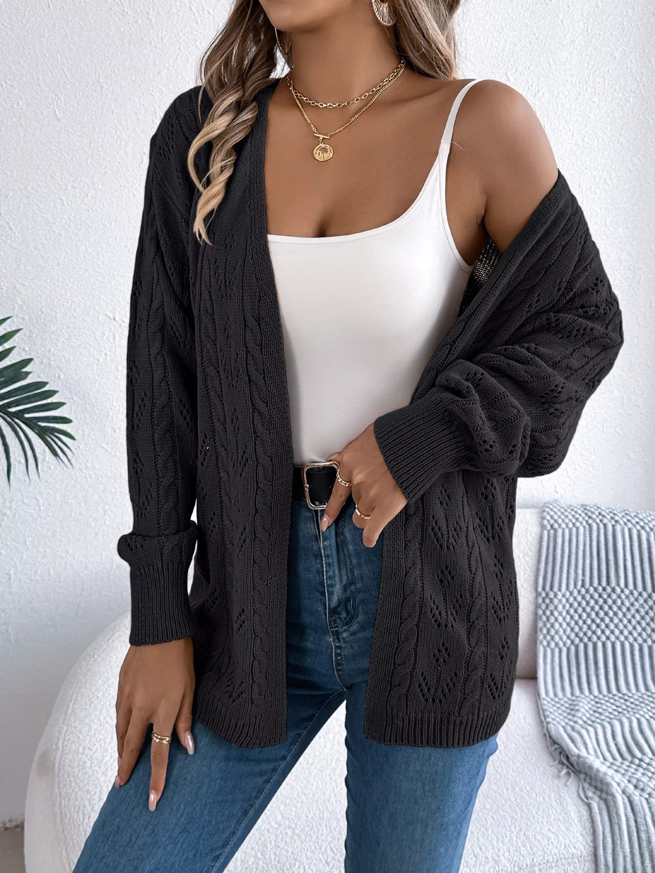 Openwork Open Front Long Sleeve Cardigan - MAD RUFFI