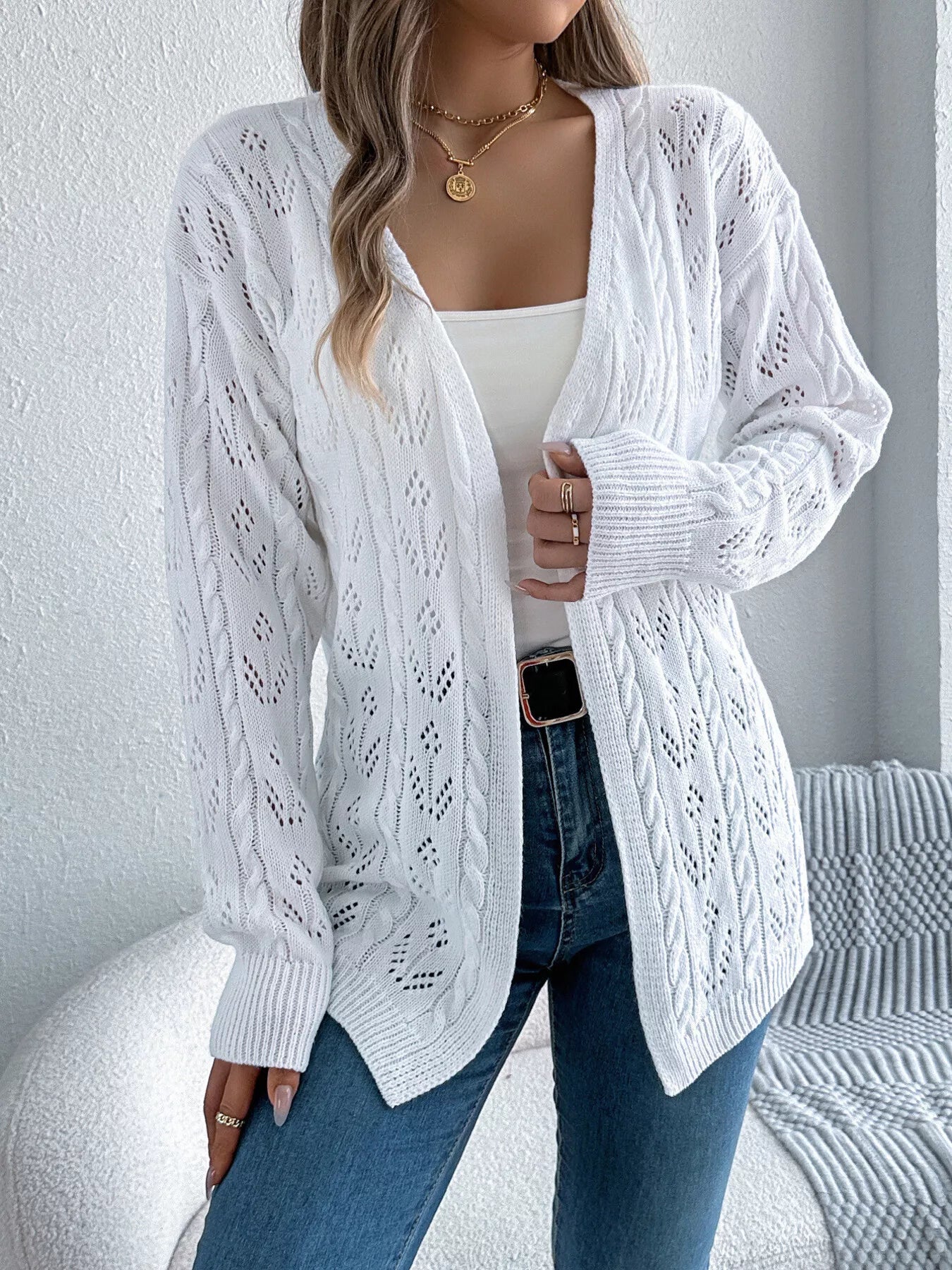 Openwork Open Front Long Sleeve Cardigan - MAD RUFFI