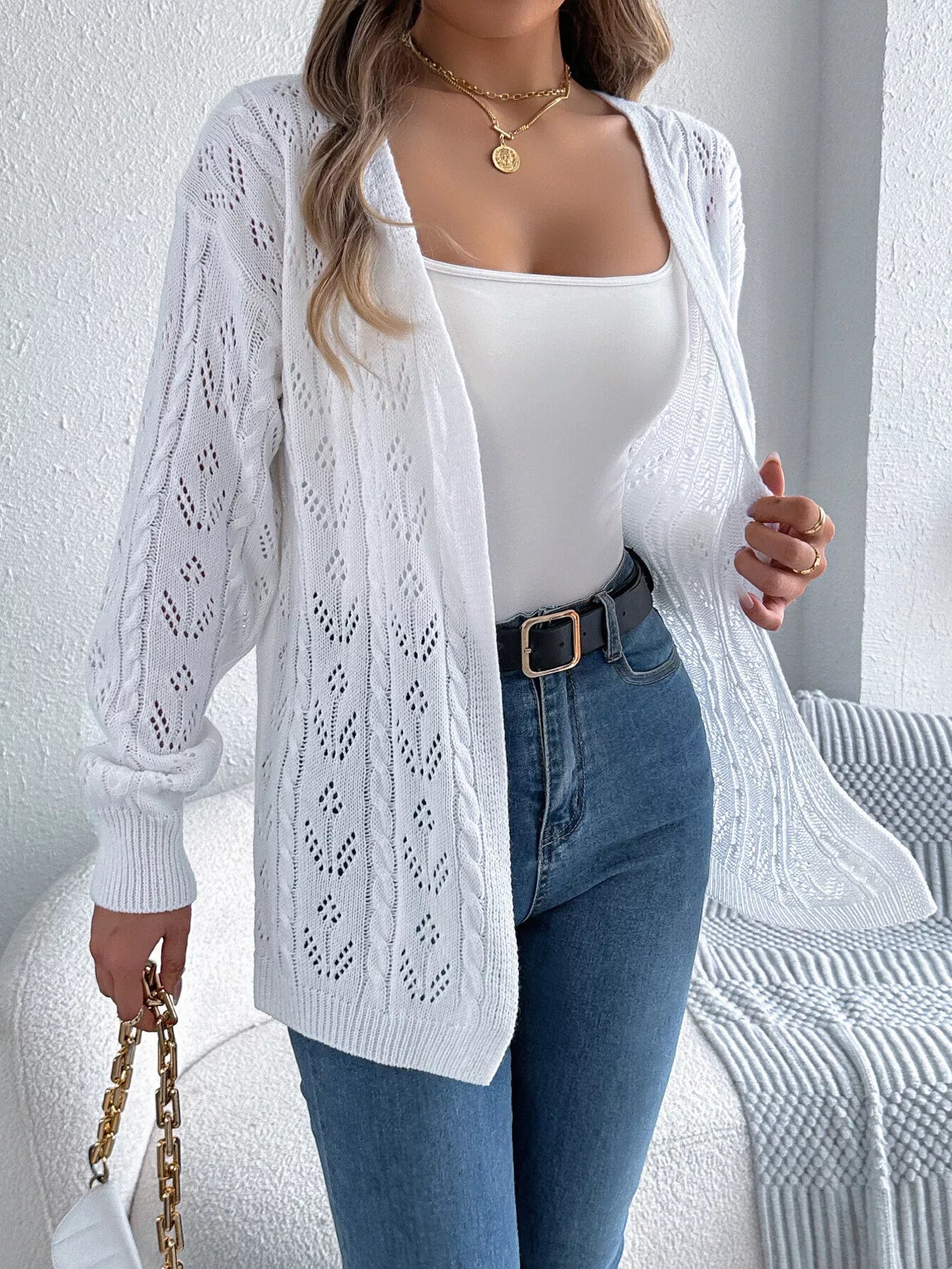Openwork Open Front Long Sleeve Cardigan - MAD RUFFI