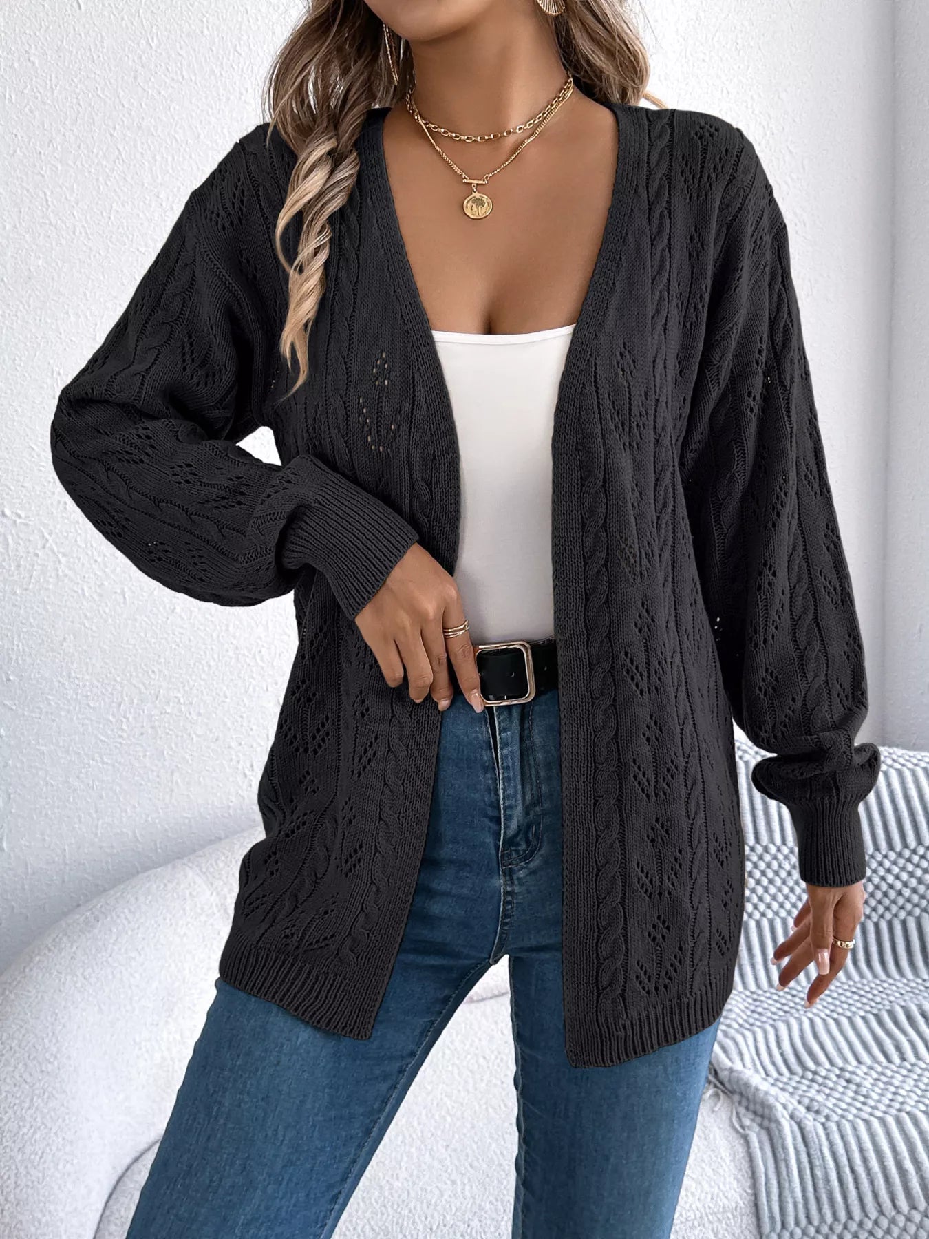 Openwork Open Front Long Sleeve Cardigan - MAD RUFFI