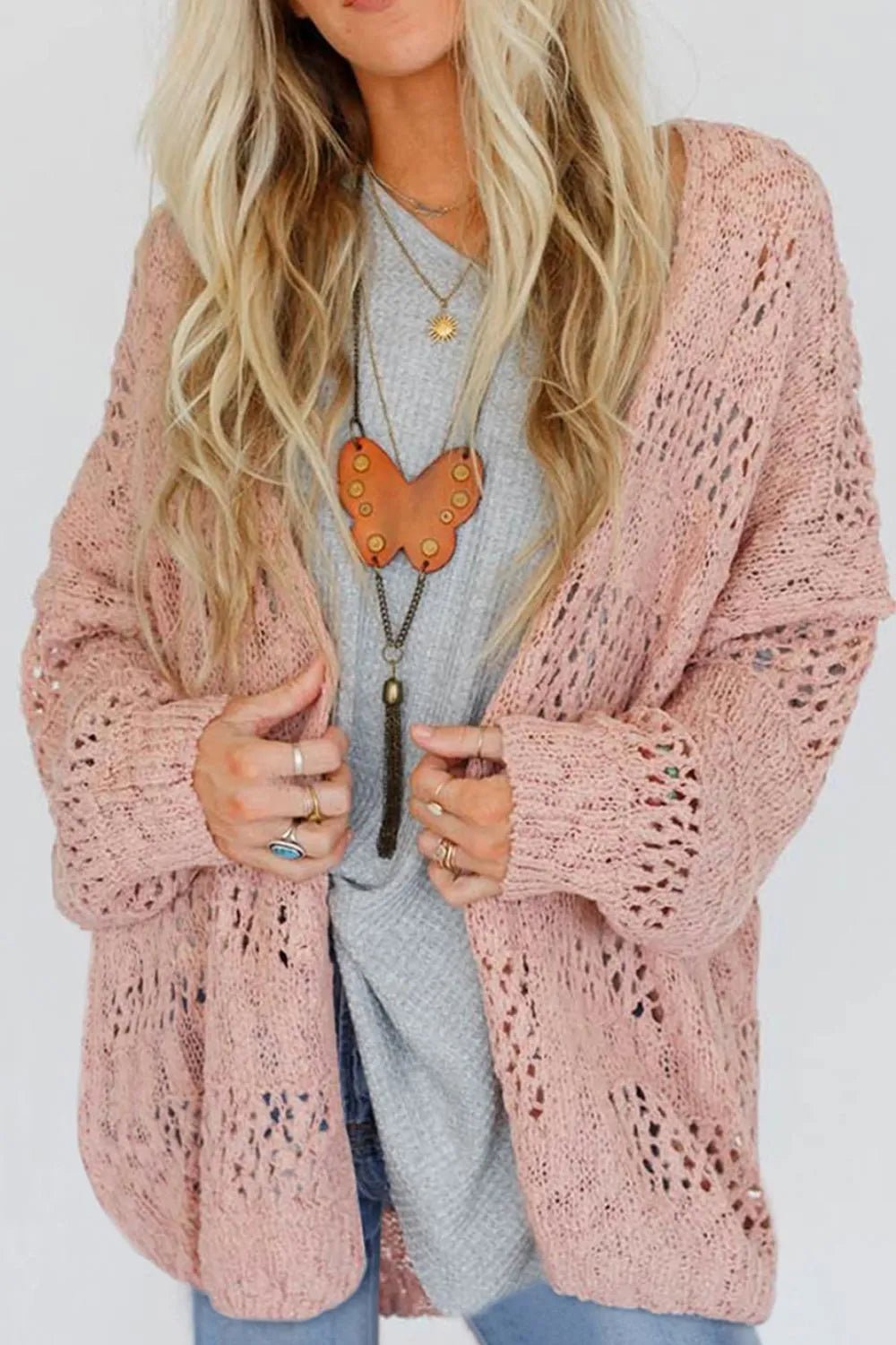 Openwork Open Front Long Sleeve Cardigan - MAD RUFFI
