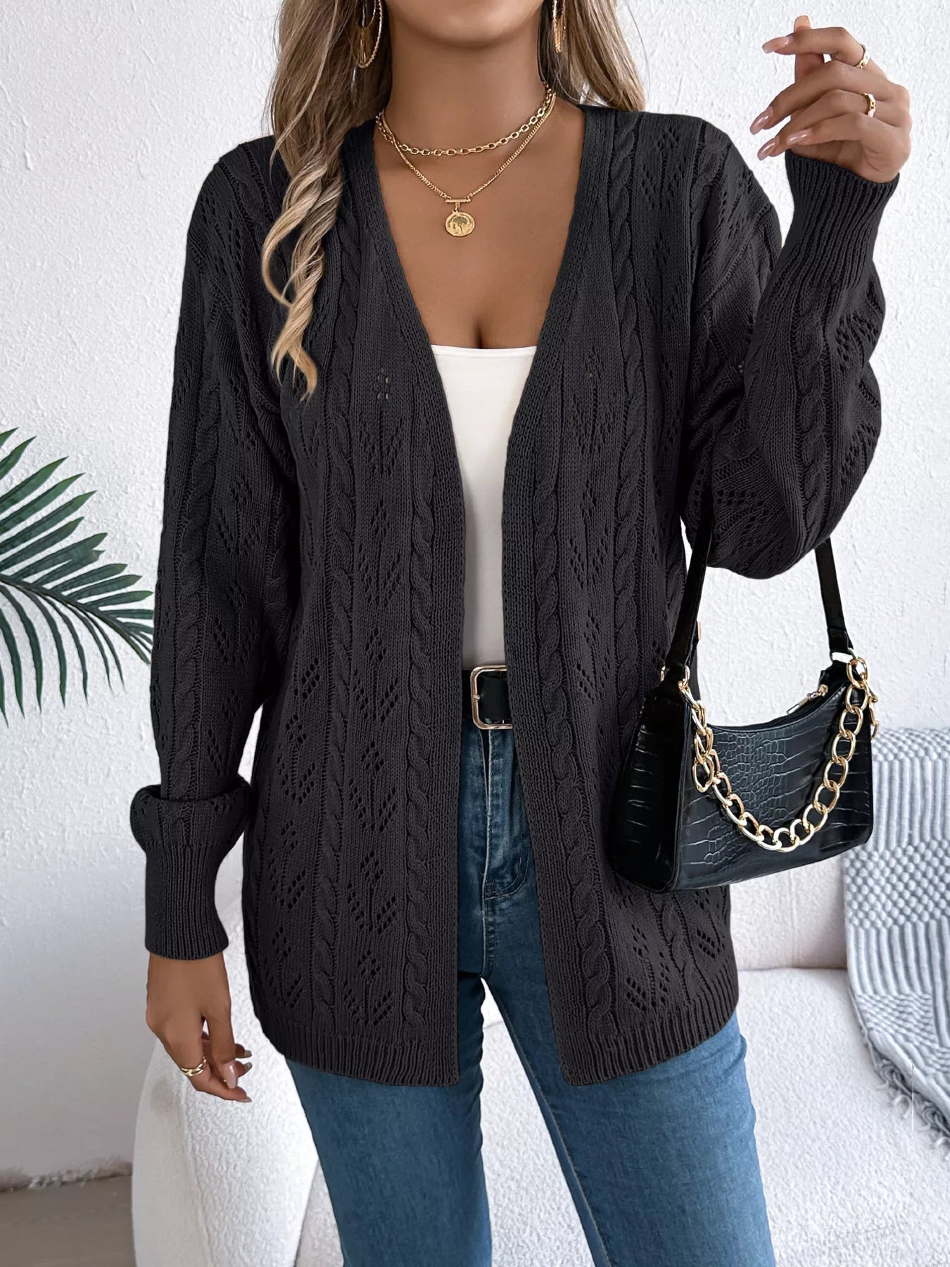 Openwork Open Front Long Sleeve Cardigan - MAD RUFFI