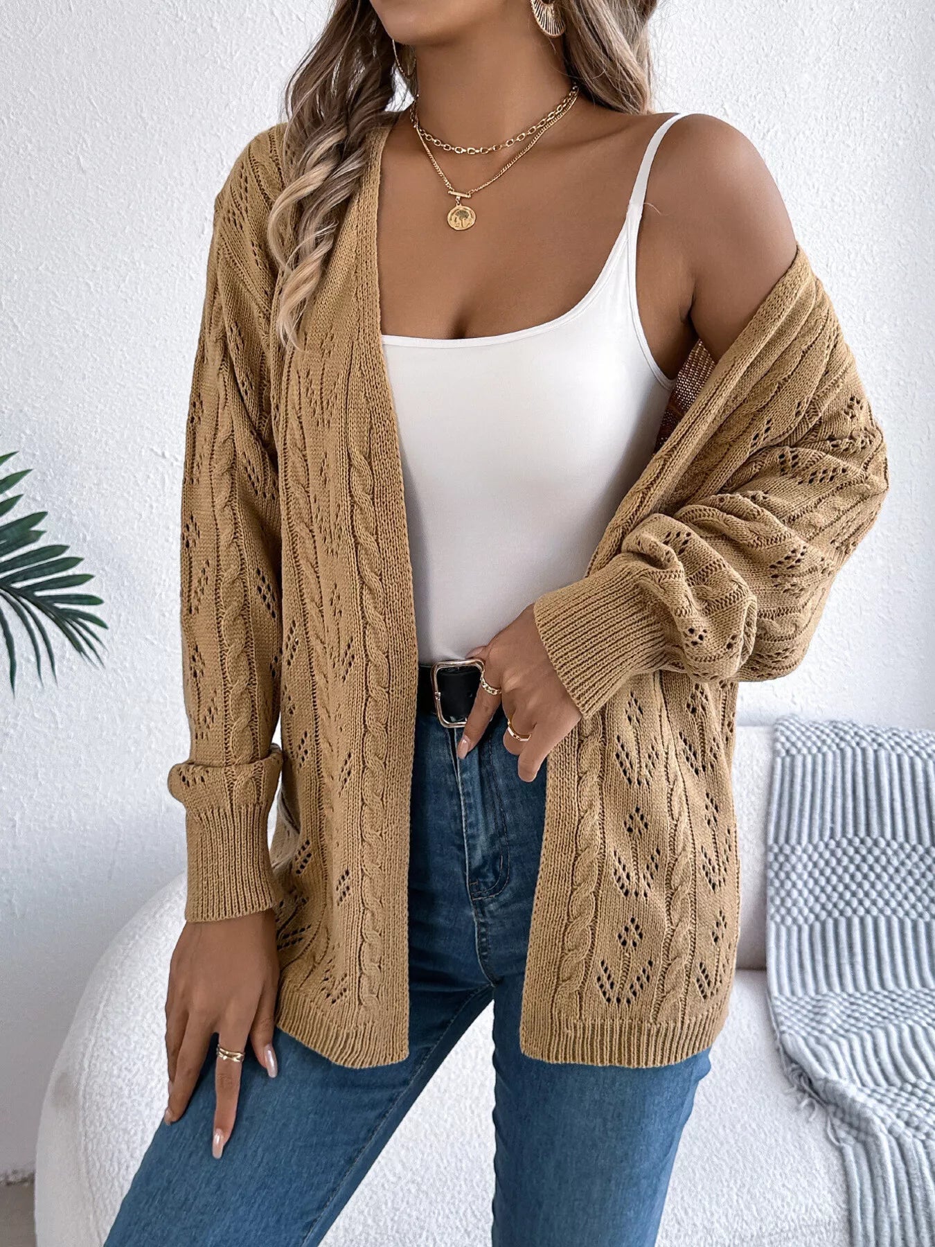Openwork Open Front Long Sleeve Cardigan - MAD RUFFI