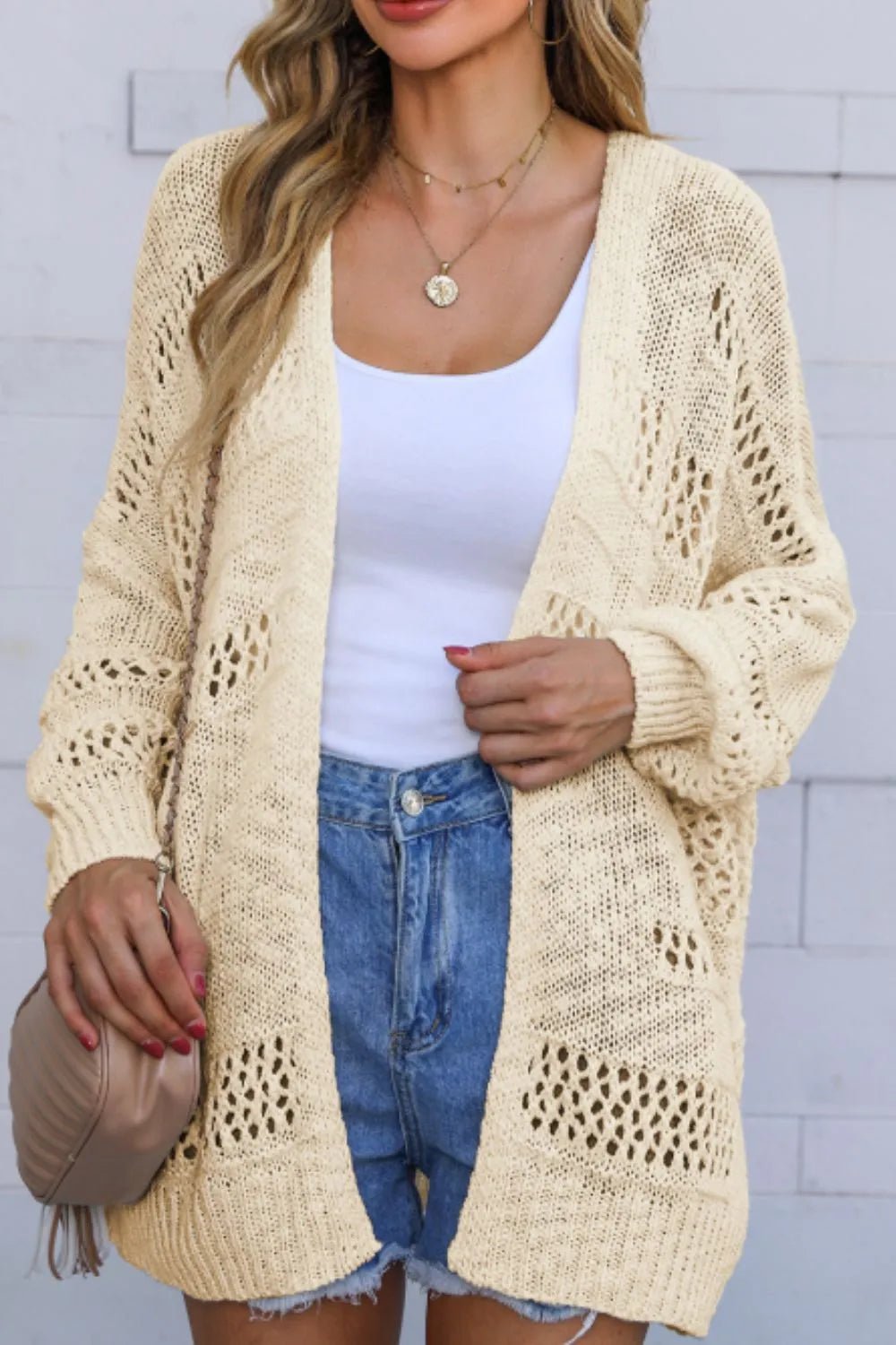 Openwork Open Front Long Sleeve Cardigan - MAD RUFFI