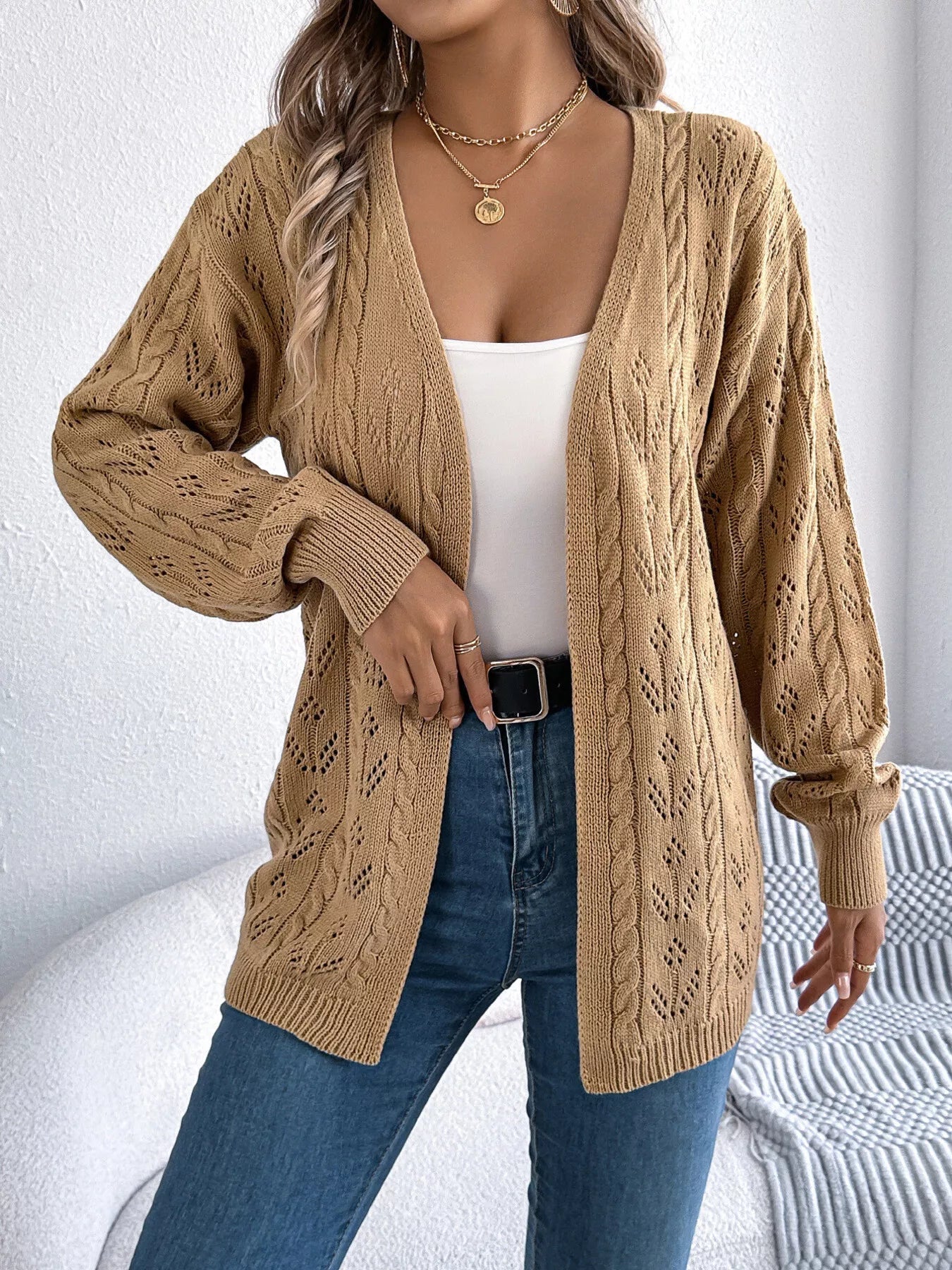 Openwork Open Front Long Sleeve Cardigan - MAD RUFFI