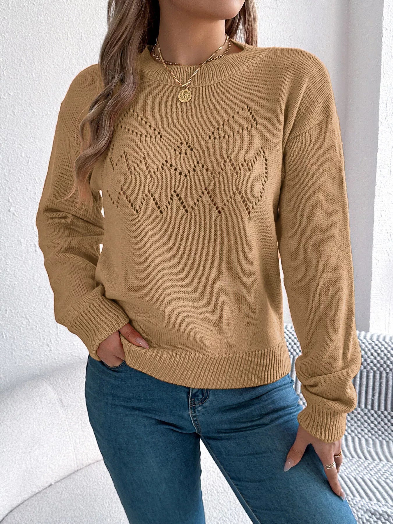 Openwork Round Neck Long Sleeve Sweater - MAD RUFFI