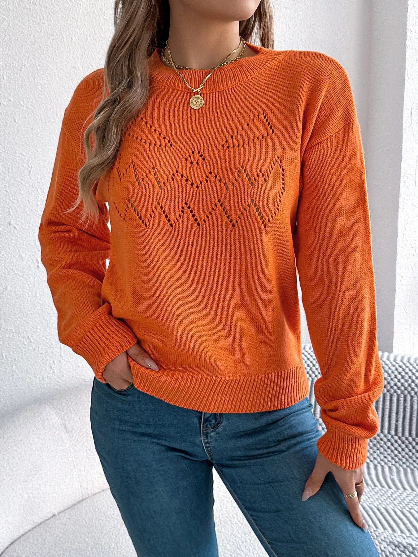 Openwork Round Neck Long Sleeve Sweater - MAD RUFFI