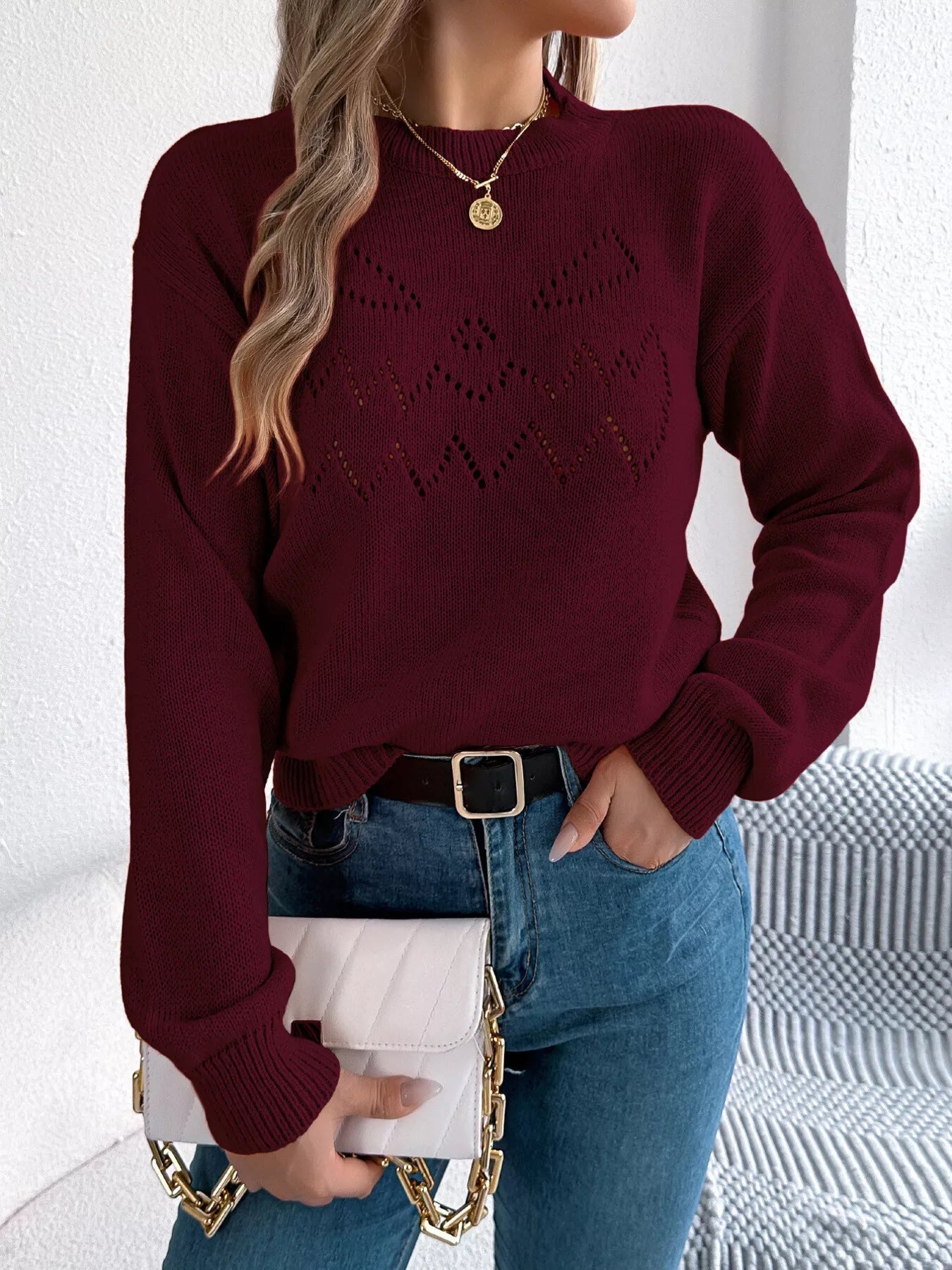 Openwork Round Neck Long Sleeve Sweater - MAD RUFFI