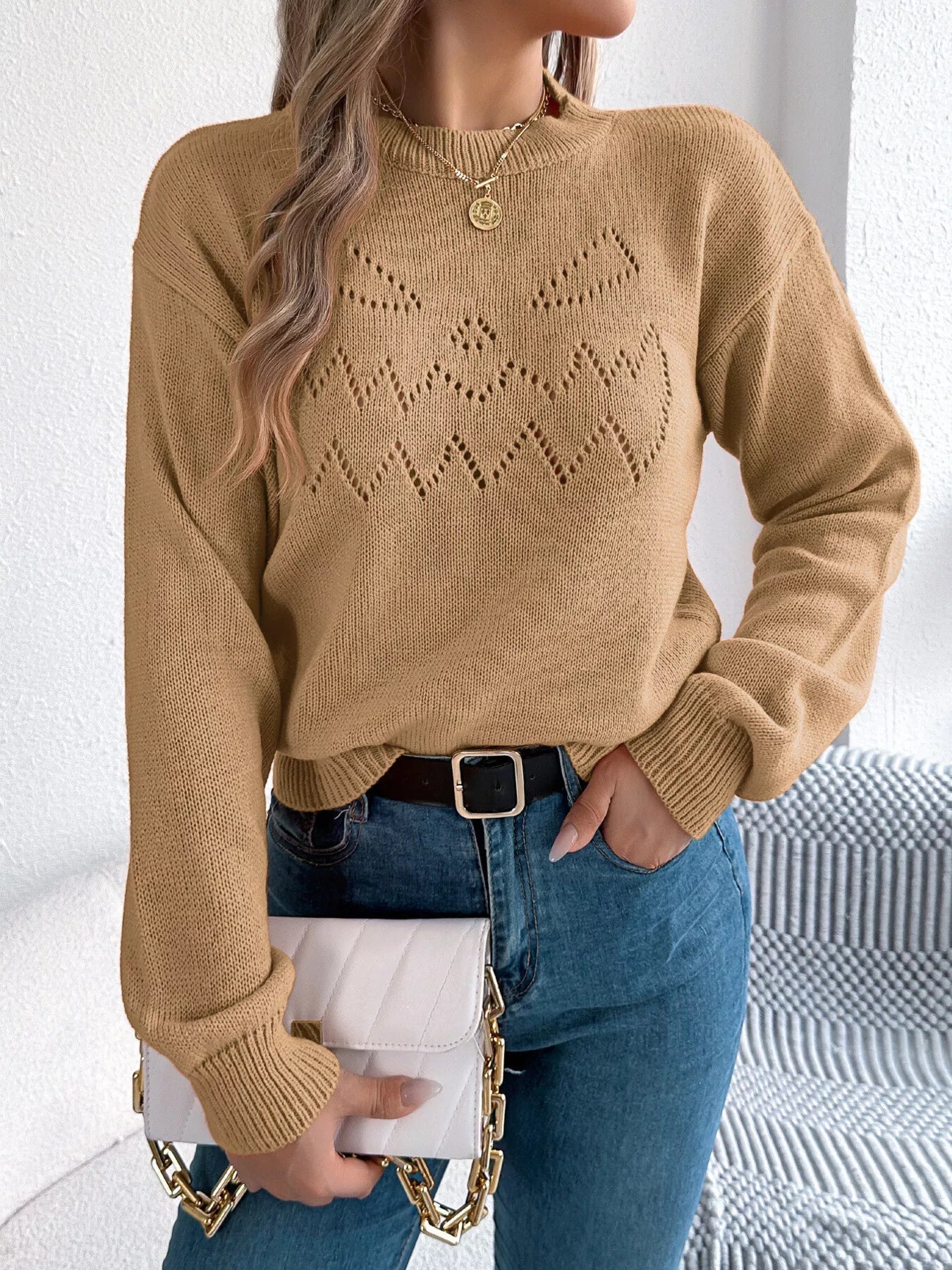 Openwork Round Neck Long Sleeve Sweater - MAD RUFFI