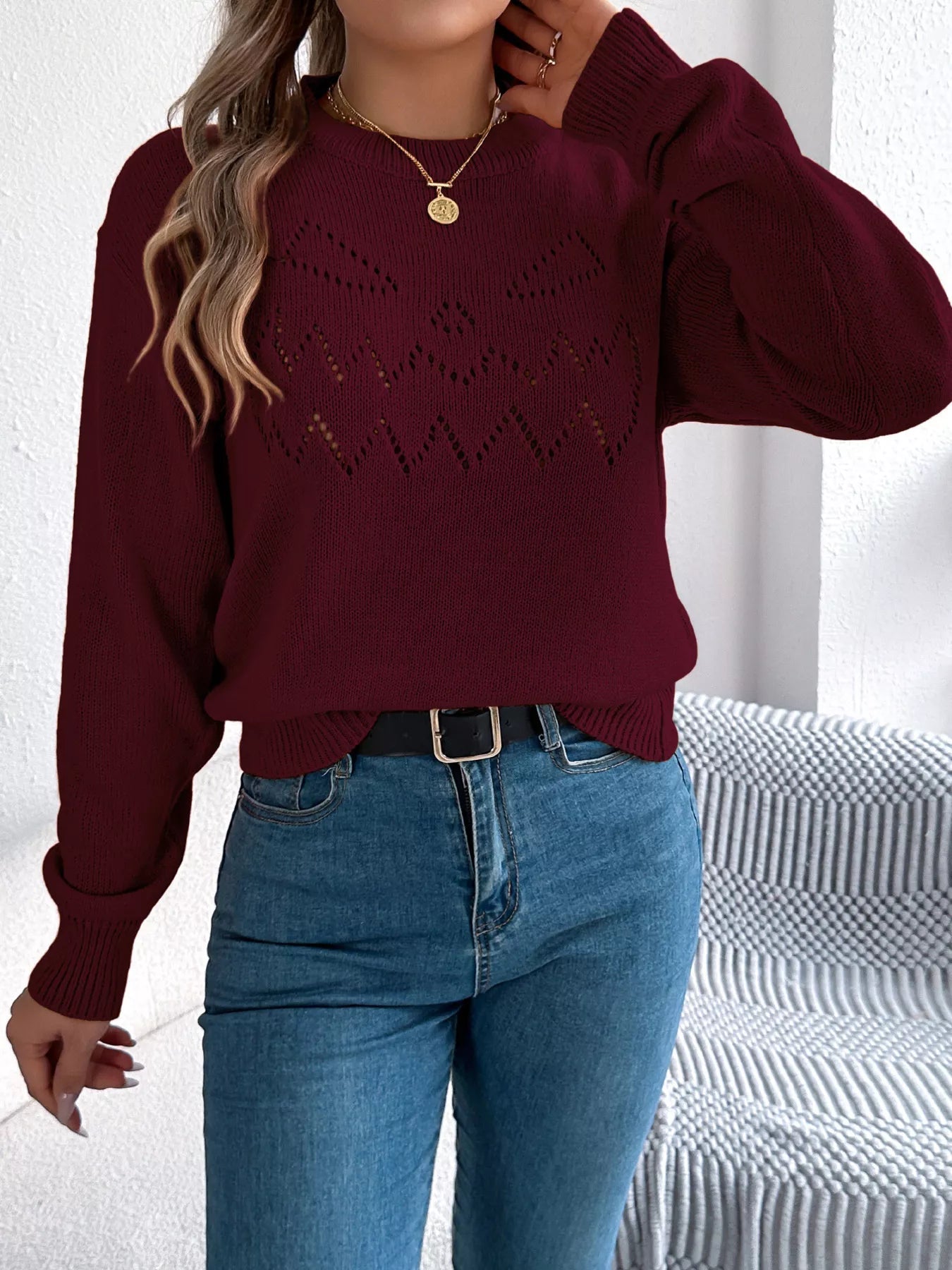 Openwork Round Neck Long Sleeve Sweater - MAD RUFFI