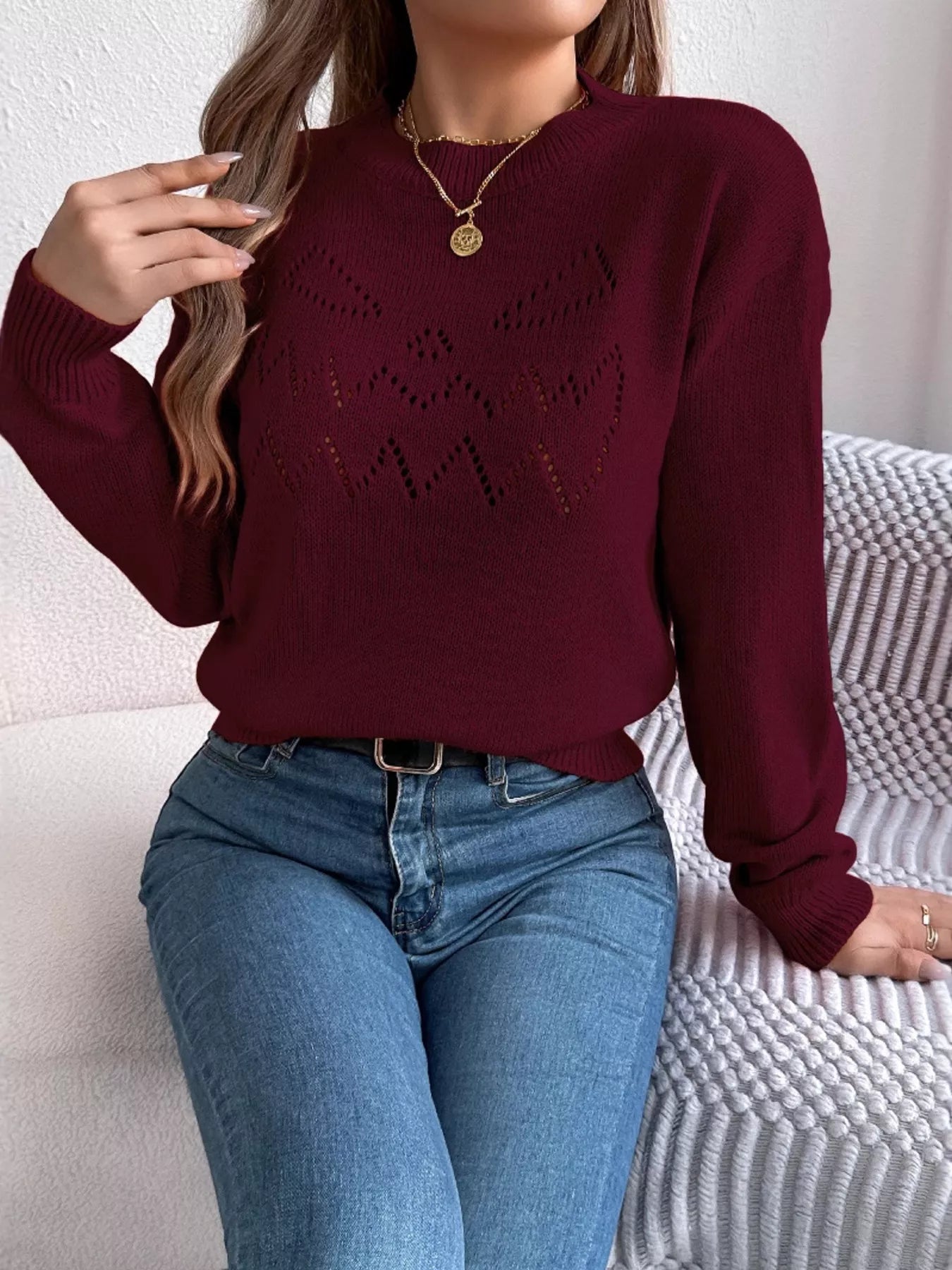 Openwork Round Neck Long Sleeve Sweater - MAD RUFFI