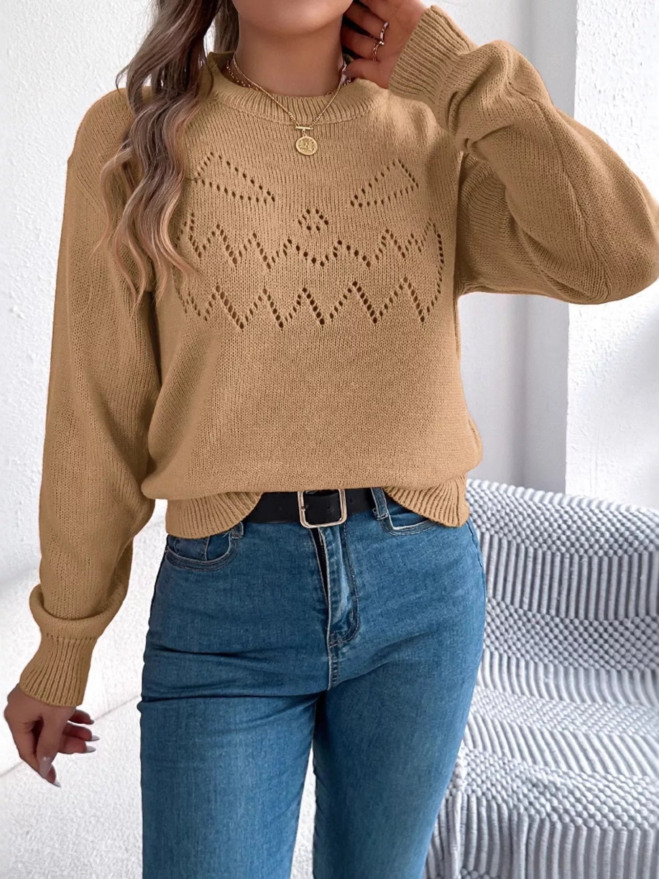 Openwork Round Neck Long Sleeve Sweater - MAD RUFFI