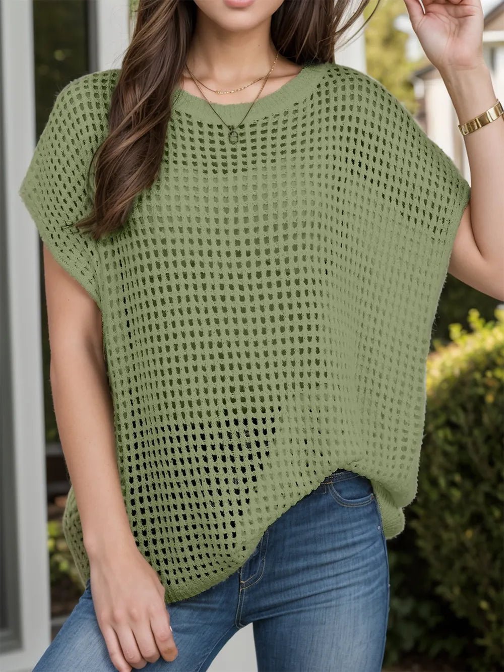 Openwork Round Neck Short Sleeve Cover - Up - MAD RUFFI