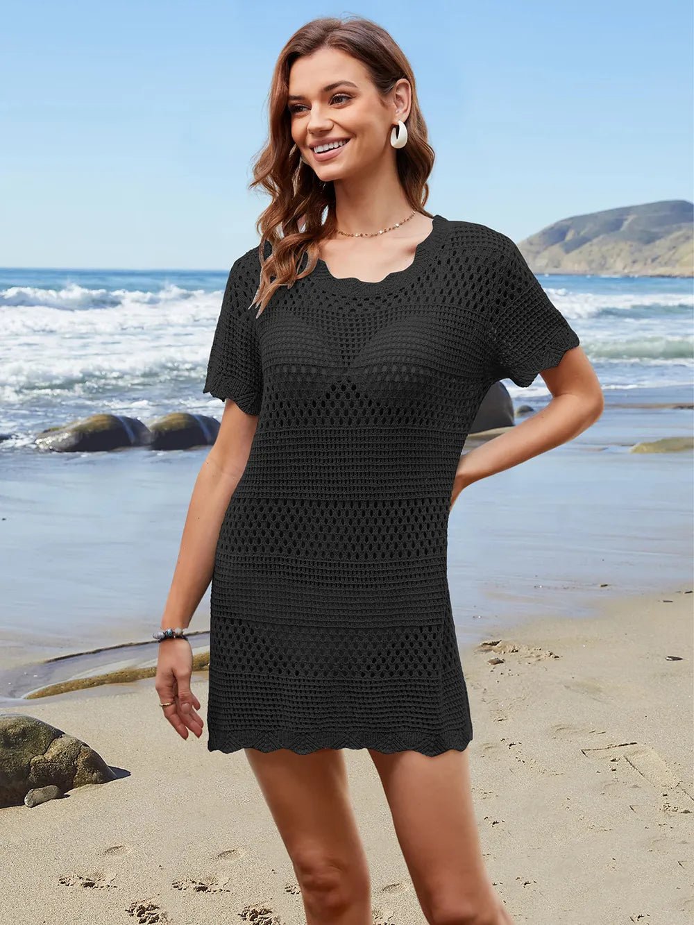 Openwork Round Neck Short Sleeve Cover - UP - MAD RUFFI