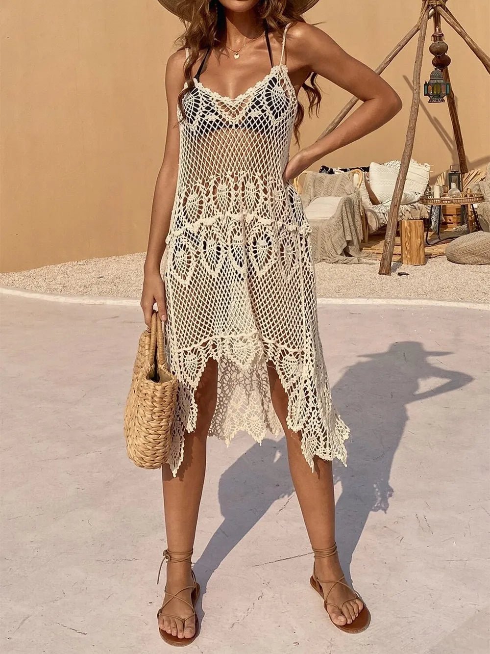 Openwork Scoop Neck Spaghetti Strap Cover - Up Dress - MAD RUFFI