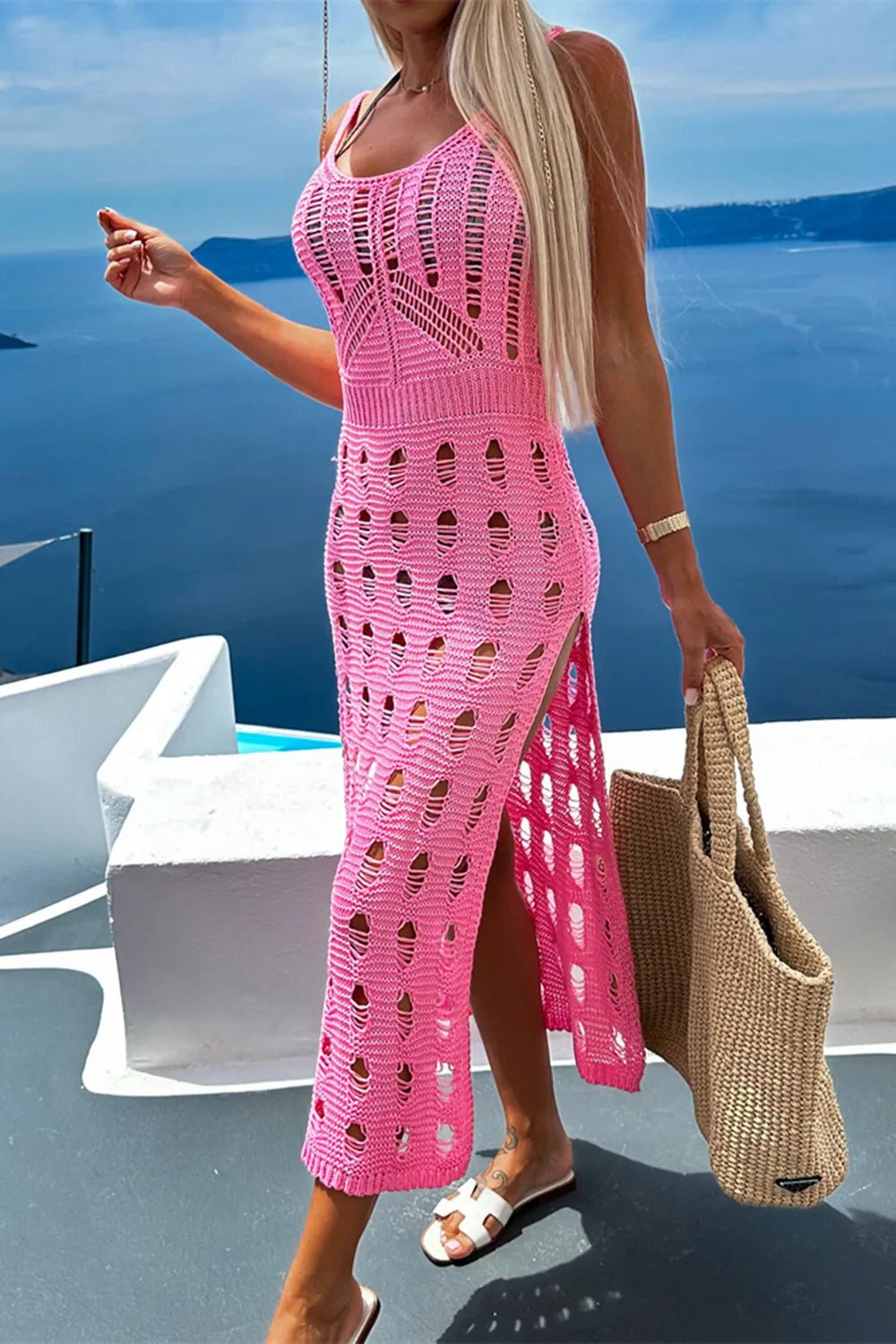 Openwork Slit Scoop Neck Sleeveless Cover Up - MAD RUFFI