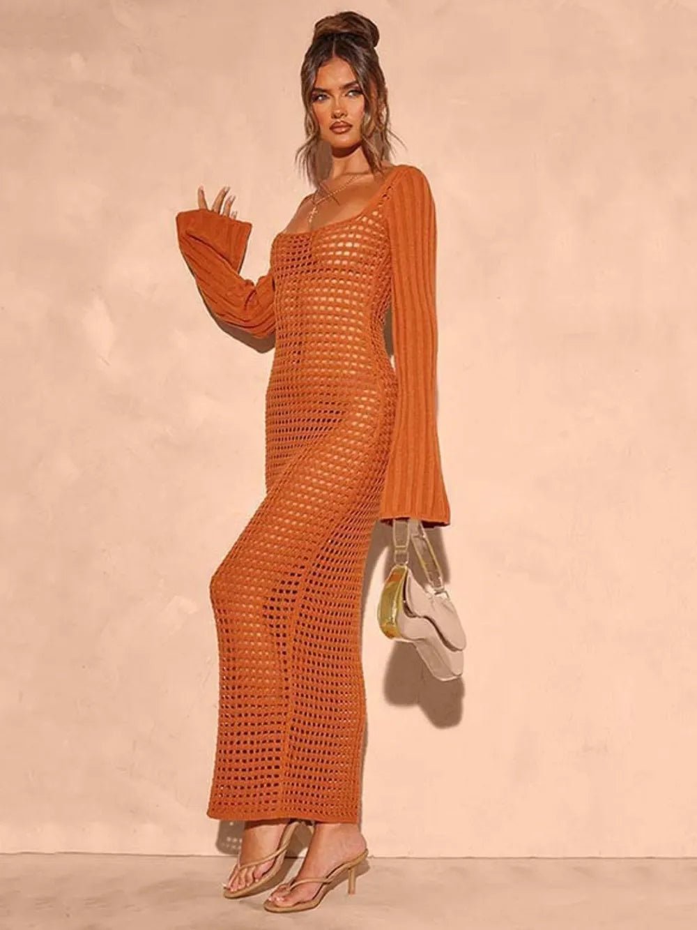 Openwork Square Neck Flare Sleeve Cover - Up Dress - MAD RUFFI