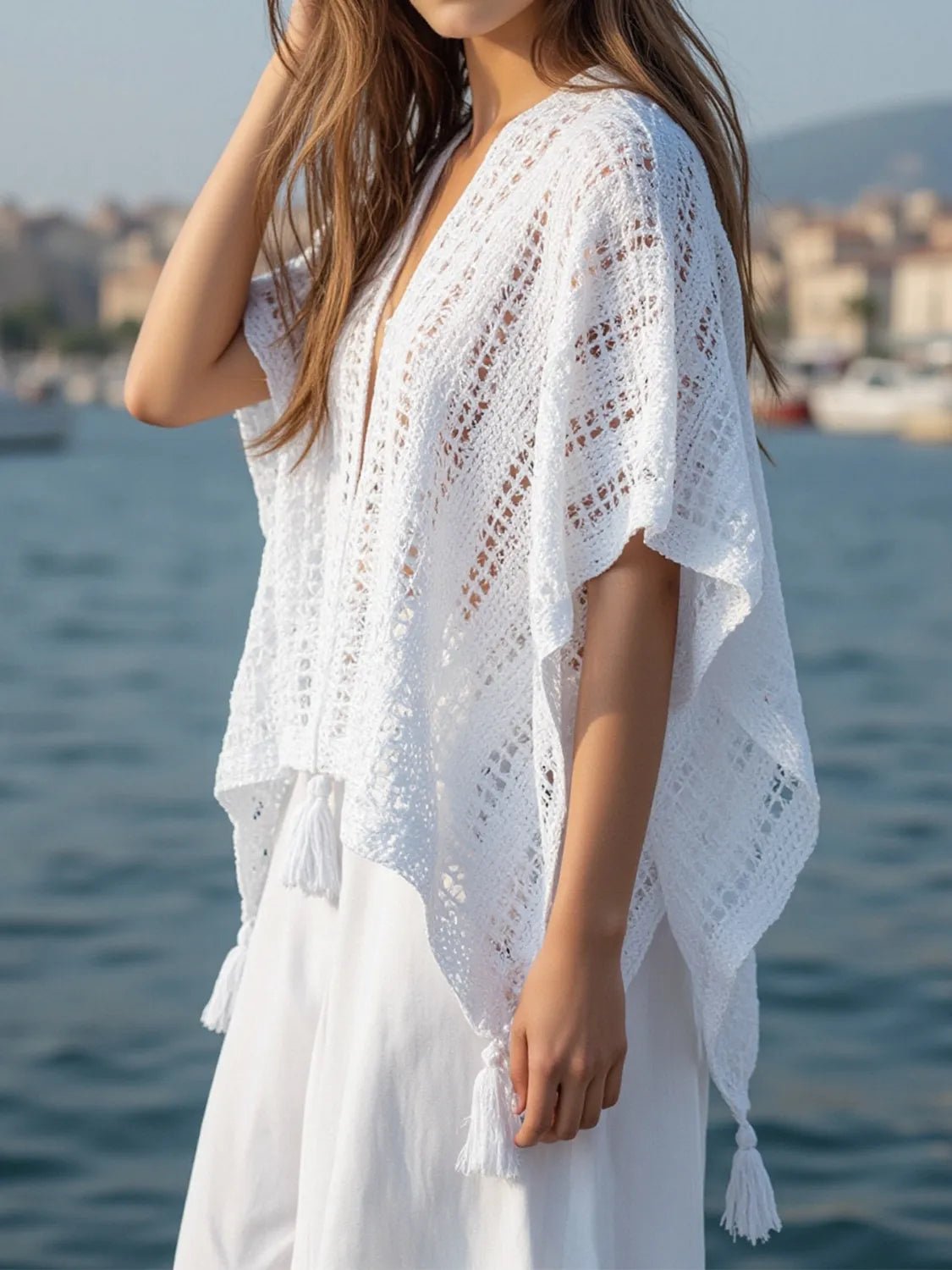 Openwork Tassel Open Front Knit Cover Up - MAD RUFFI