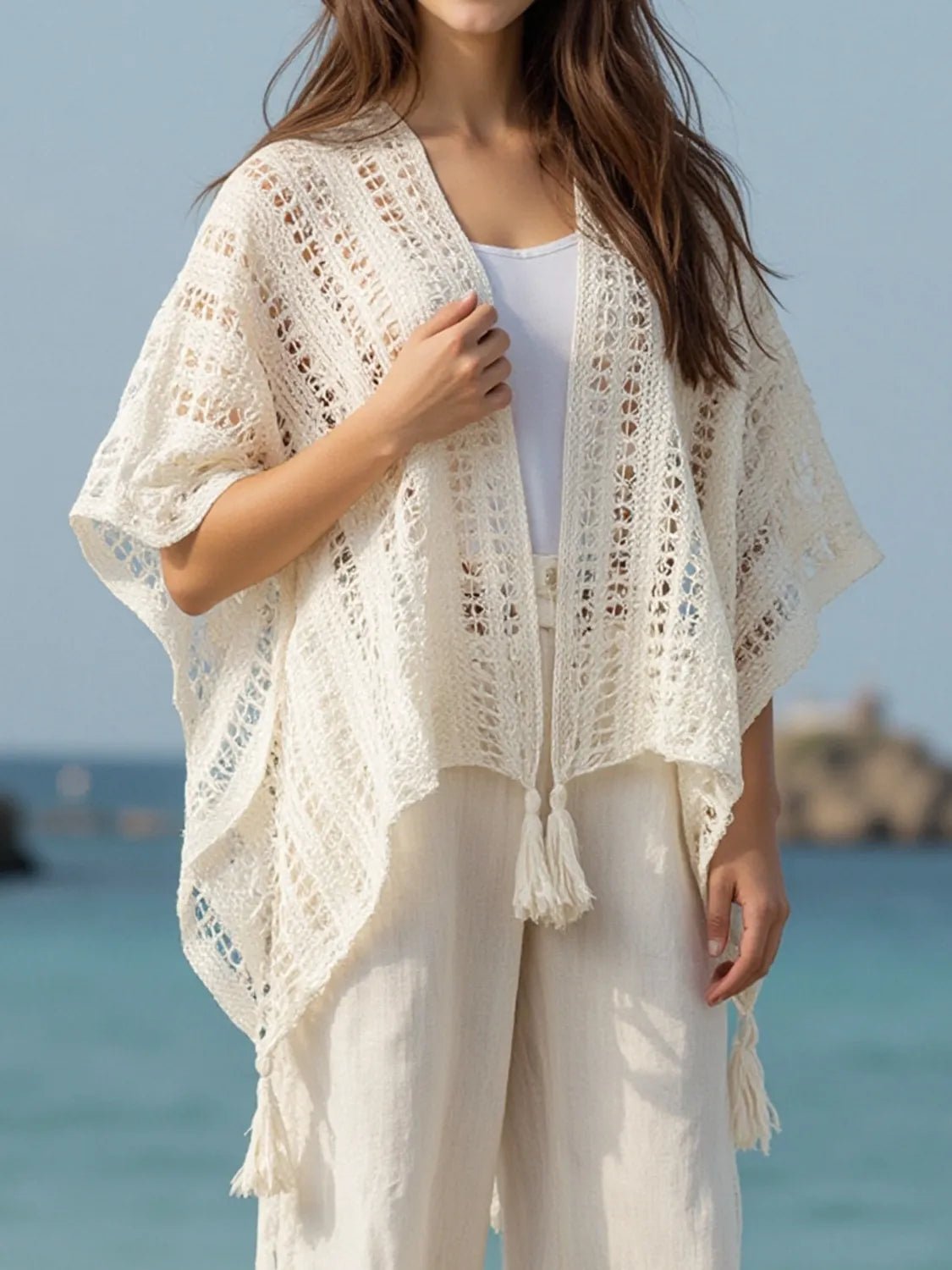 Openwork Tassel Open Front Knit Cover Up - MAD RUFFI