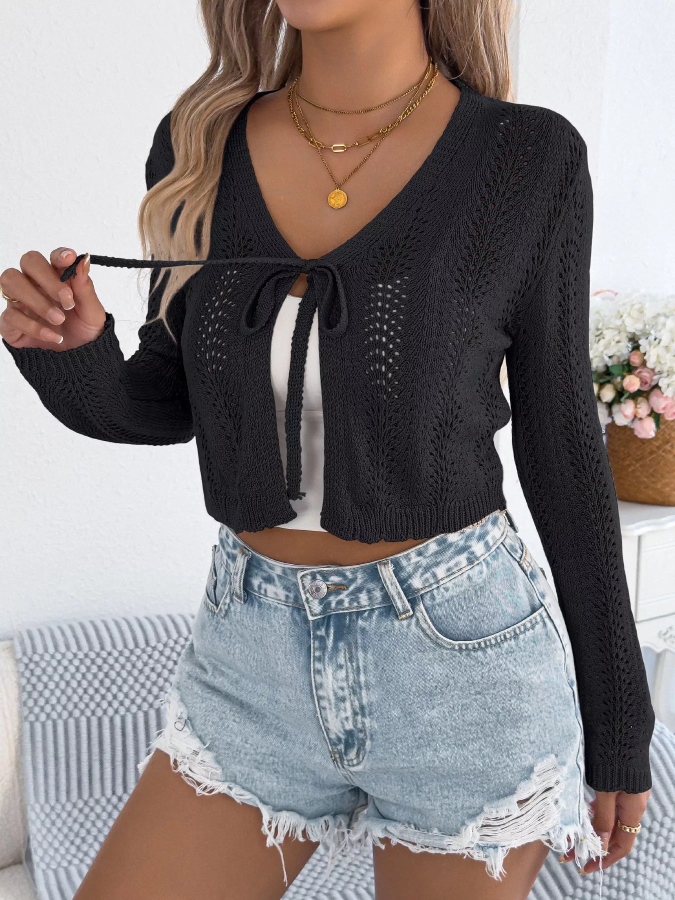 Openwork Tie Front Long Sleeve Cardigan - MAD RUFFI