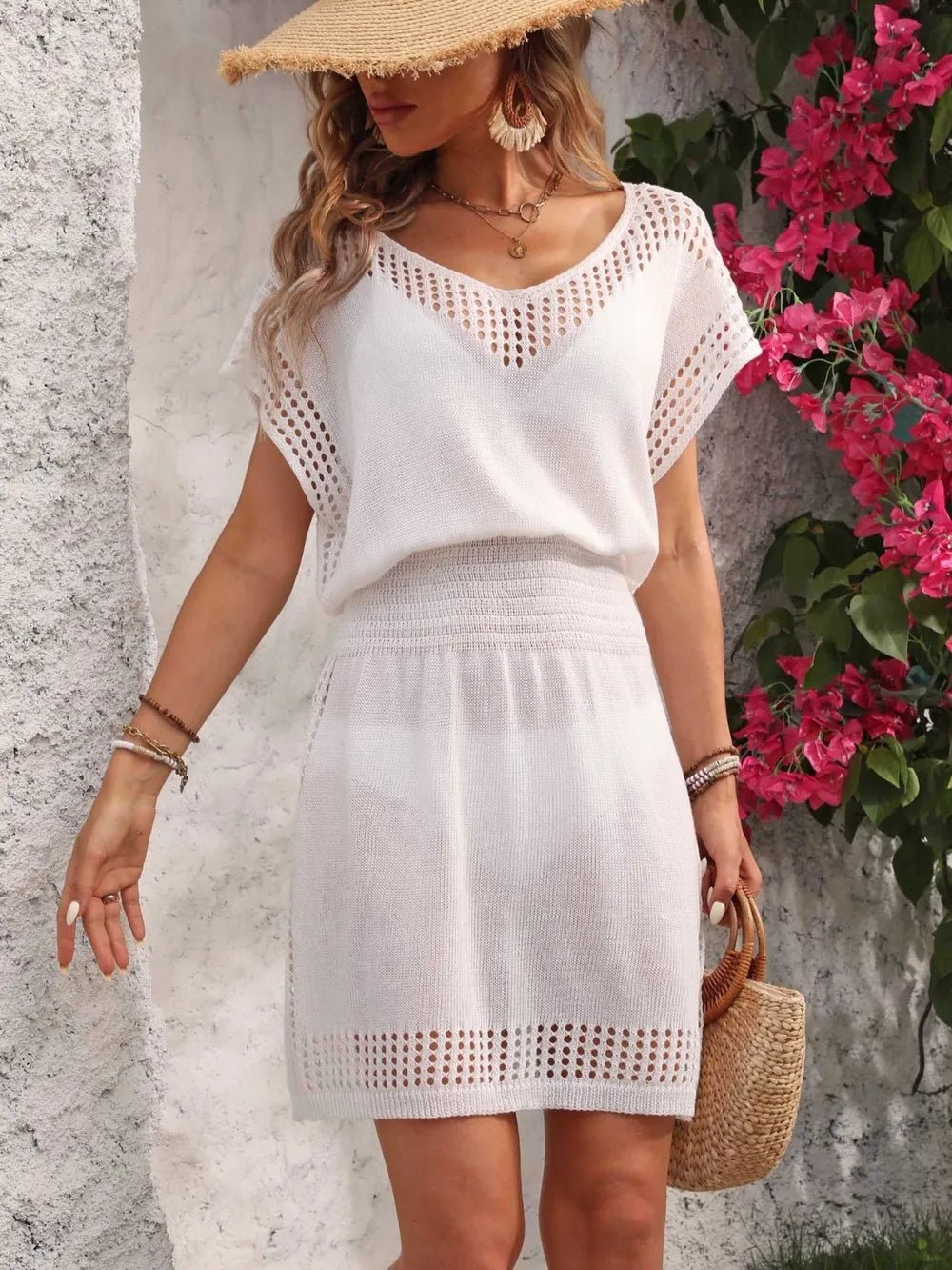 Openwork V - Neck Short Sleeve Cover - Up Dress - MAD RUFFI