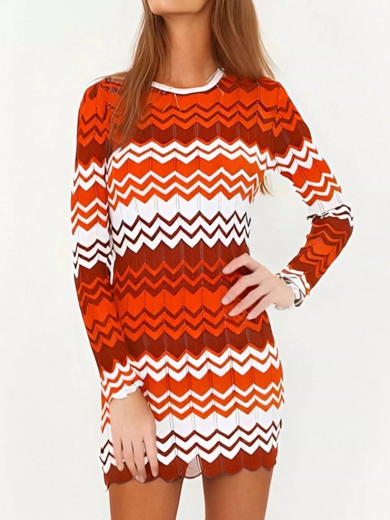 Openwork Wave Pattern Long Sleeve Sweater Dress - MAD RUFFI