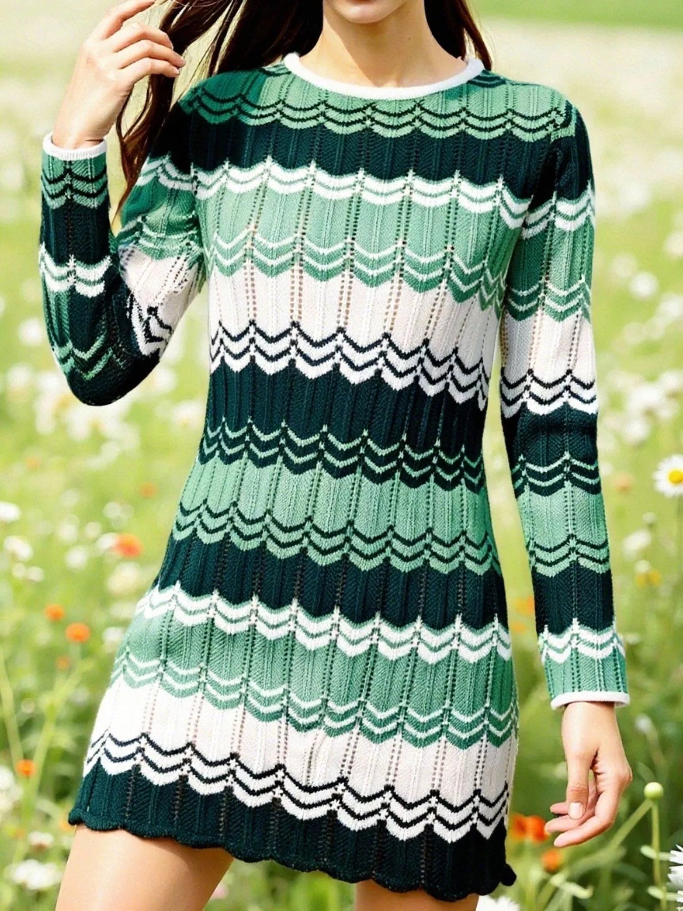 Openwork Wave Pattern Long Sleeve Sweater Dress - MAD RUFFI