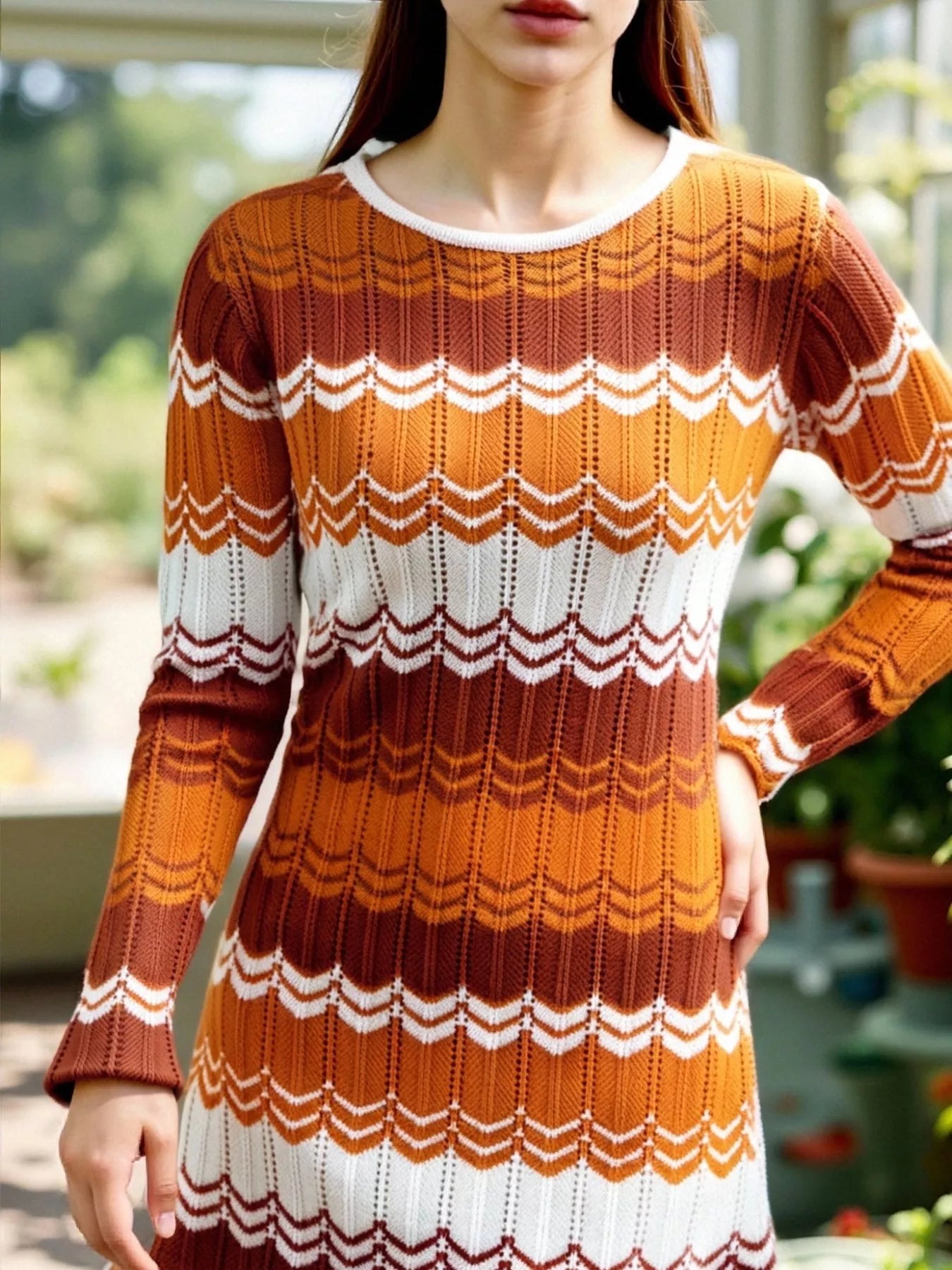 Openwork Wave Pattern Long Sleeve Sweater Dress - MAD RUFFI