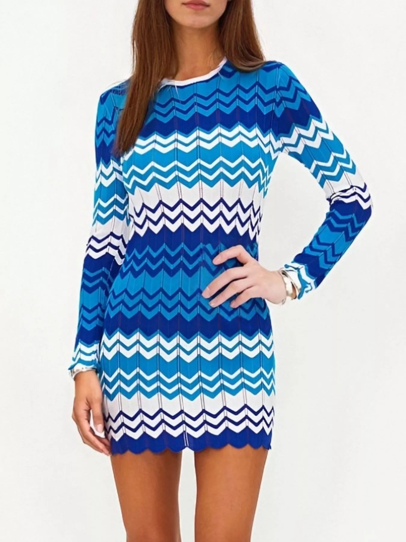 Openwork Wave Pattern Long Sleeve Sweater Dress - MAD RUFFI
