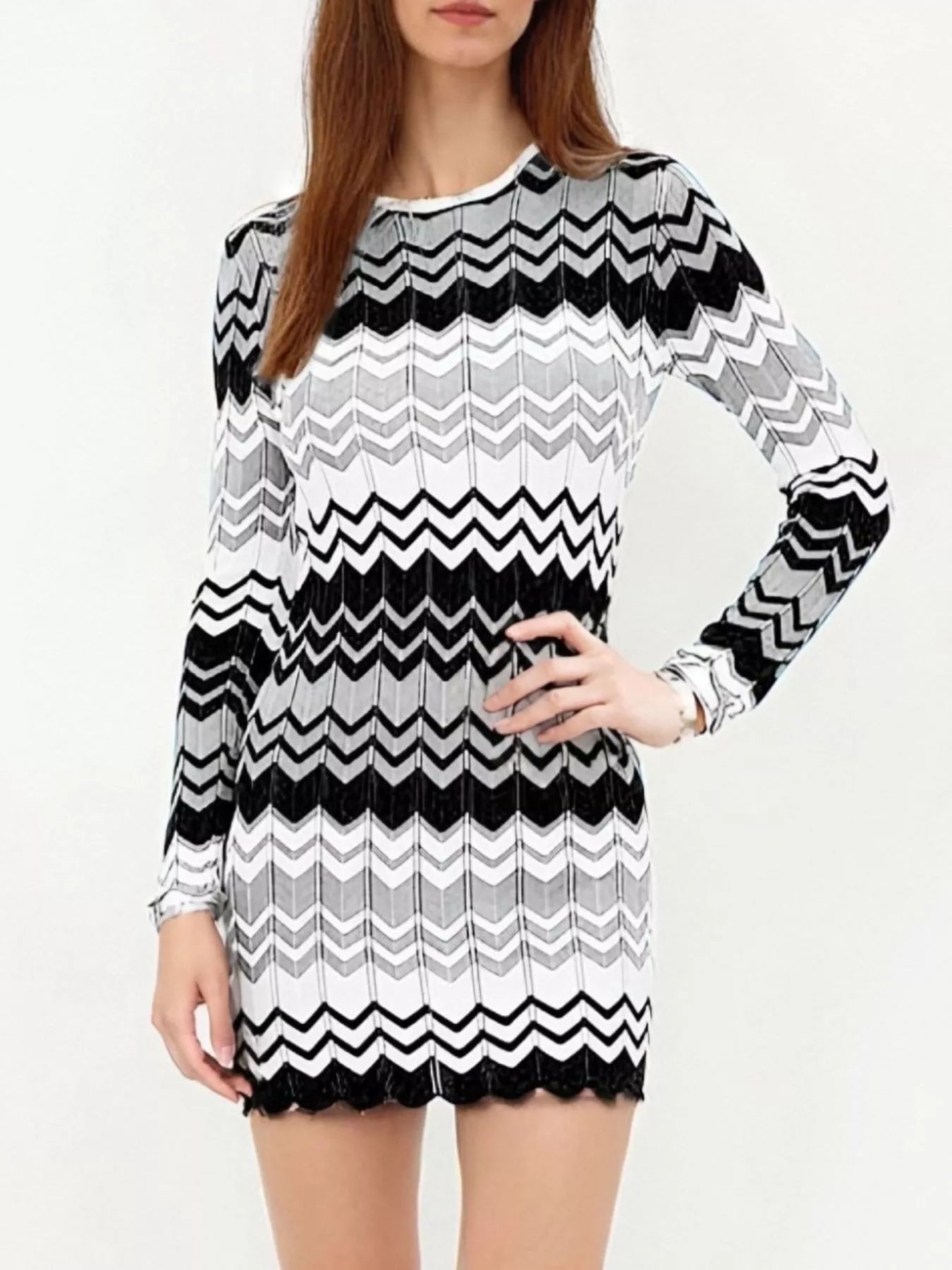 Openwork Wave Pattern Long Sleeve Sweater Dress - MAD RUFFI