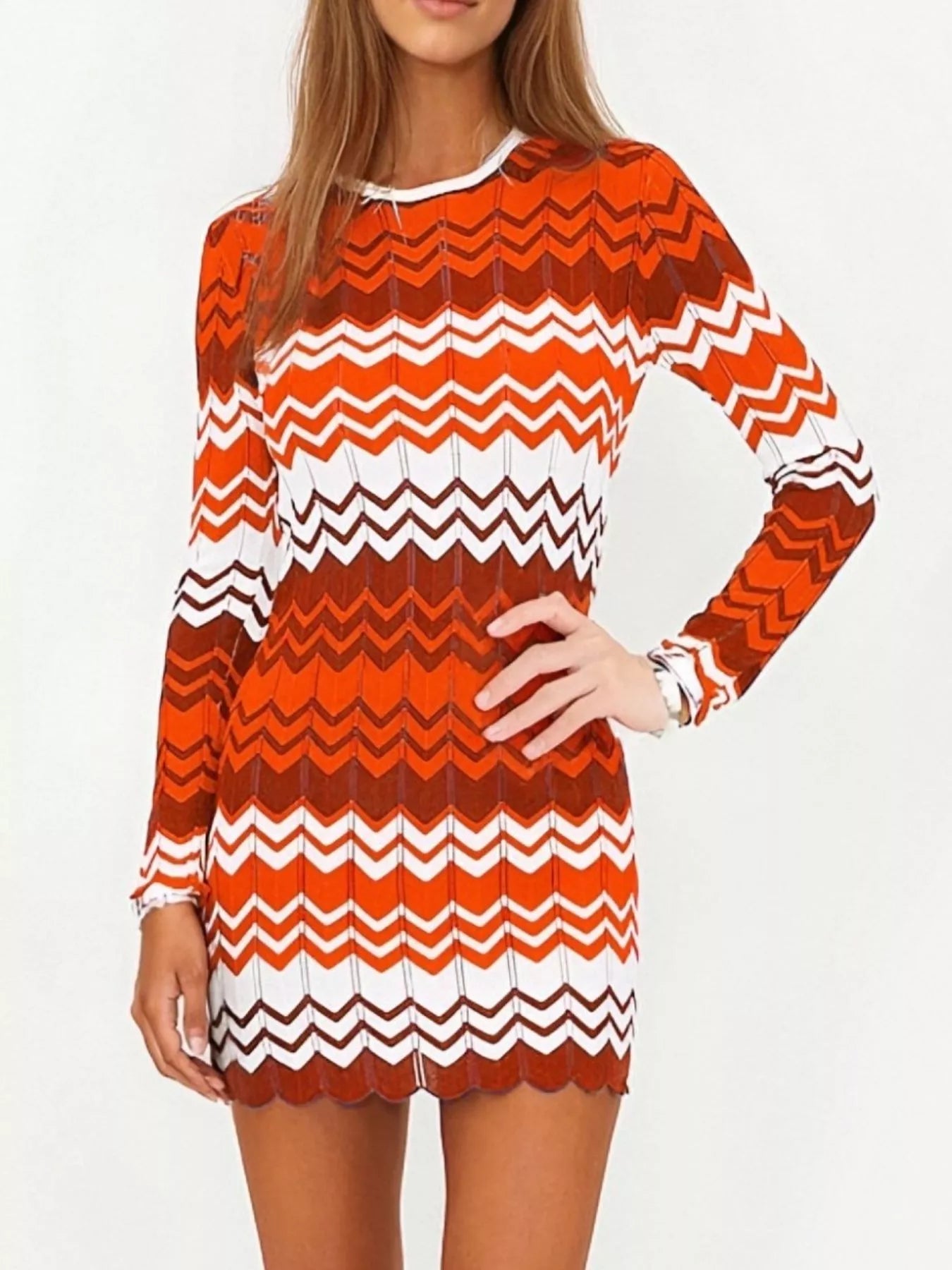 Openwork Wave Pattern Long Sleeve Sweater Dress - MAD RUFFI