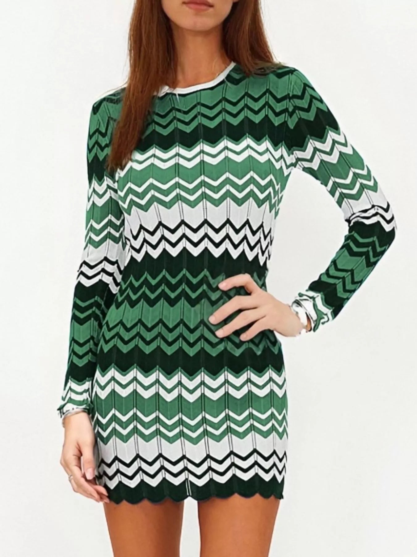 Openwork Wave Pattern Long Sleeve Sweater Dress - MAD RUFFI