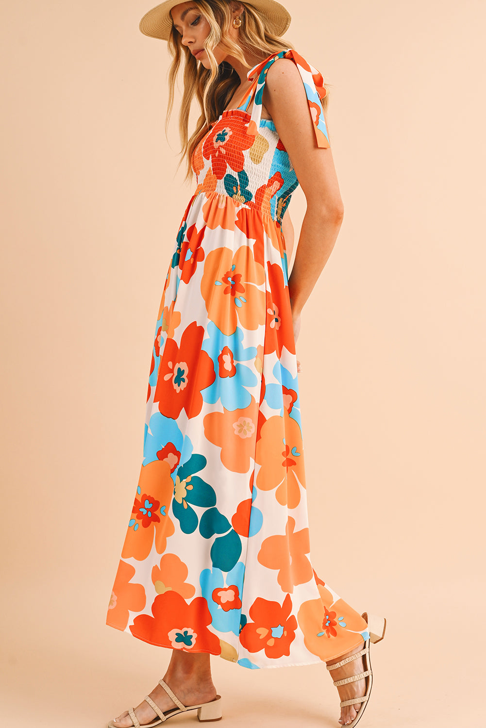 Orange 60s Floral Printed Shoulder Tie Smocked Maxi Dress - MAD RUFFI