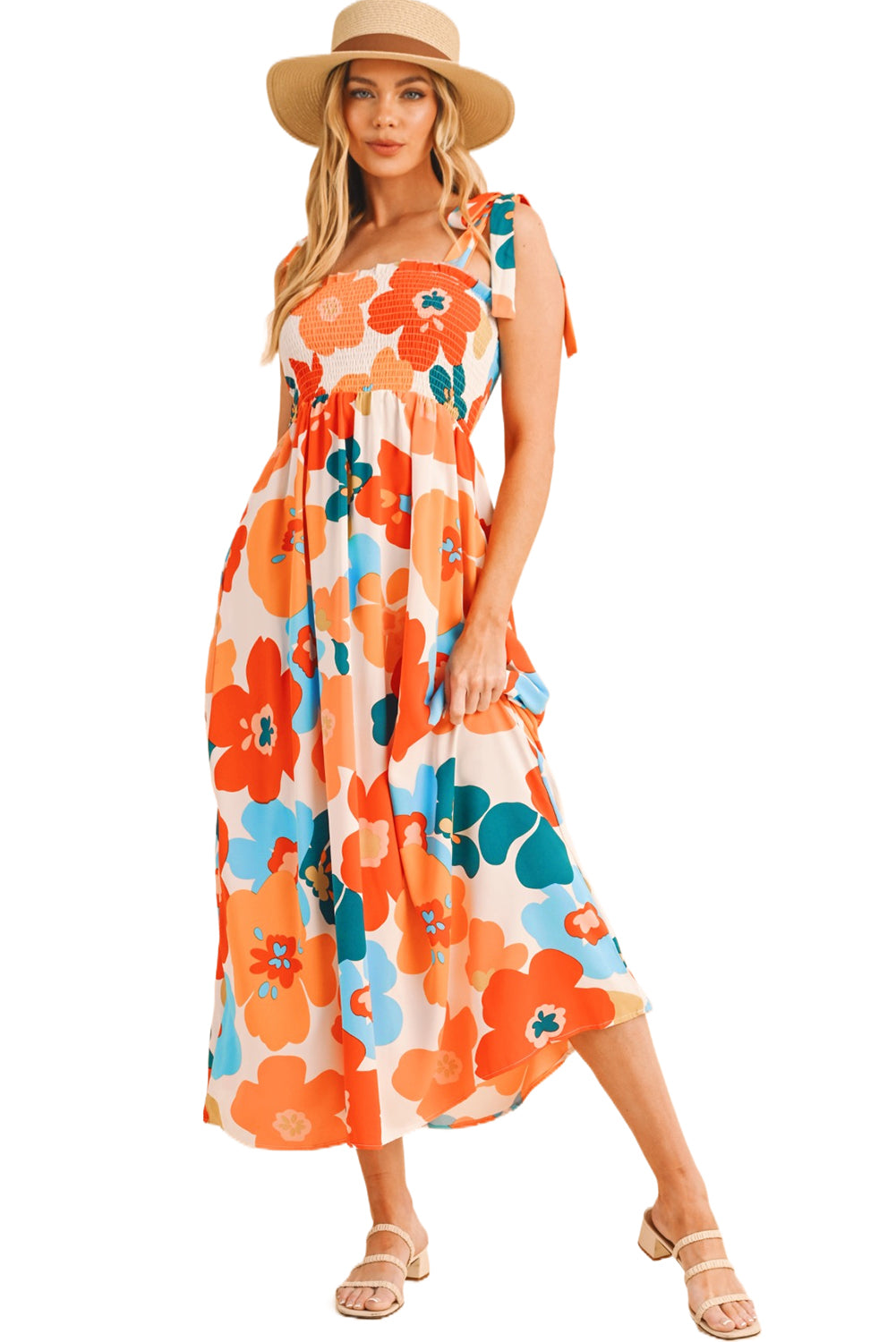 Orange 60s Floral Printed Shoulder Tie Smocked Maxi Dress - MAD RUFFI