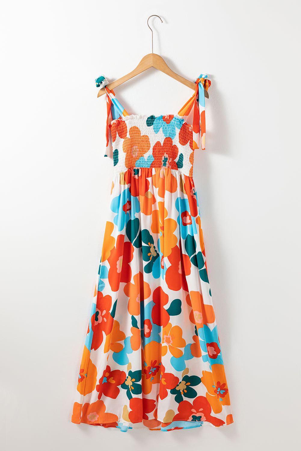 Orange 60s Floral Printed Shoulder Tie Smocked Maxi Dress - MAD RUFFI