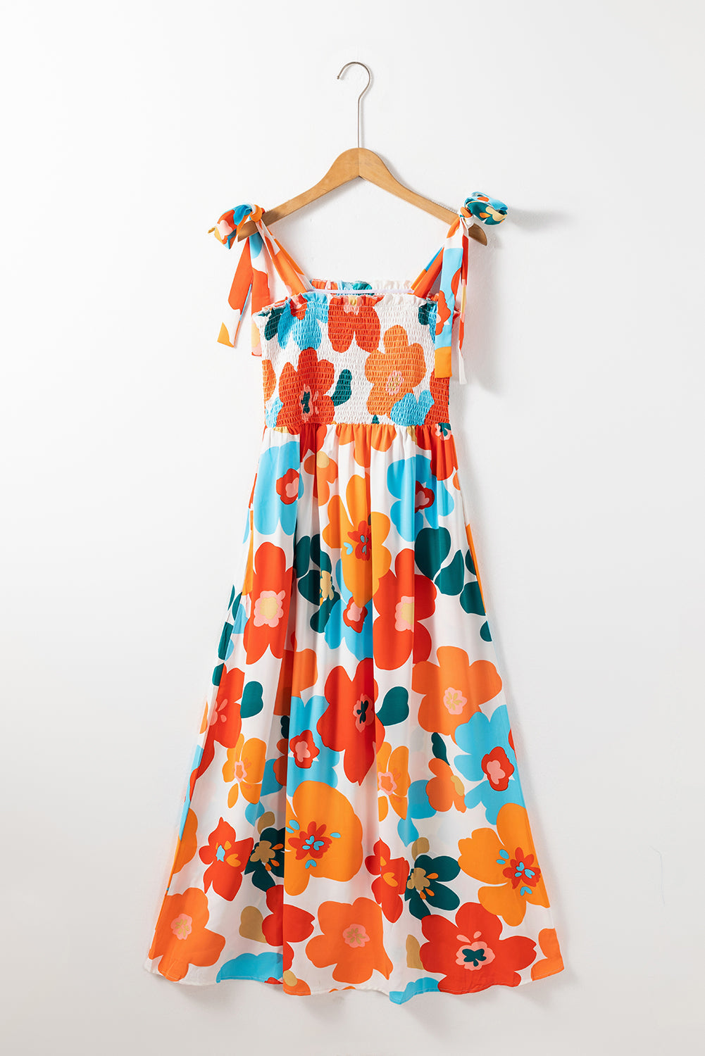 Orange 60s Floral Printed Shoulder Tie Smocked Maxi Dress - MAD RUFFI