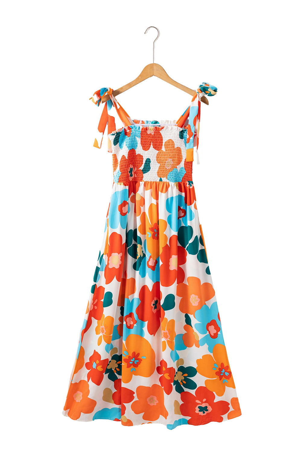 Orange 60s Floral Printed Shoulder Tie Smocked Maxi Dress - MAD RUFFI