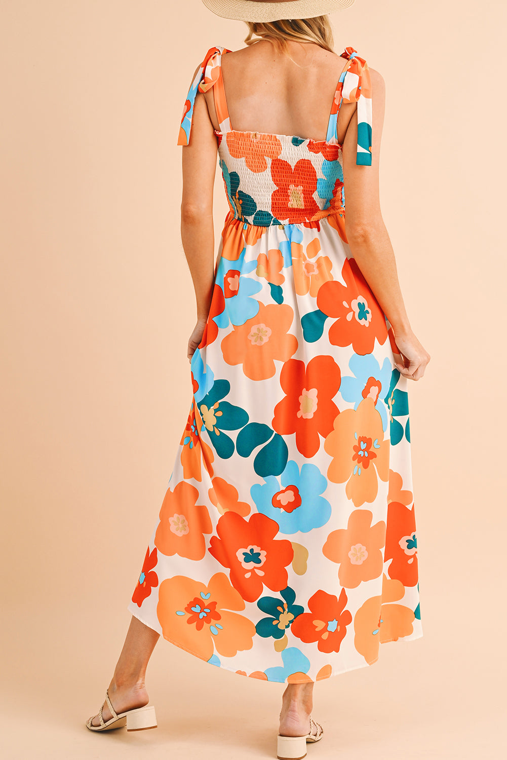 Orange 60s Floral Printed Shoulder Tie Smocked Maxi Dress - MAD RUFFI