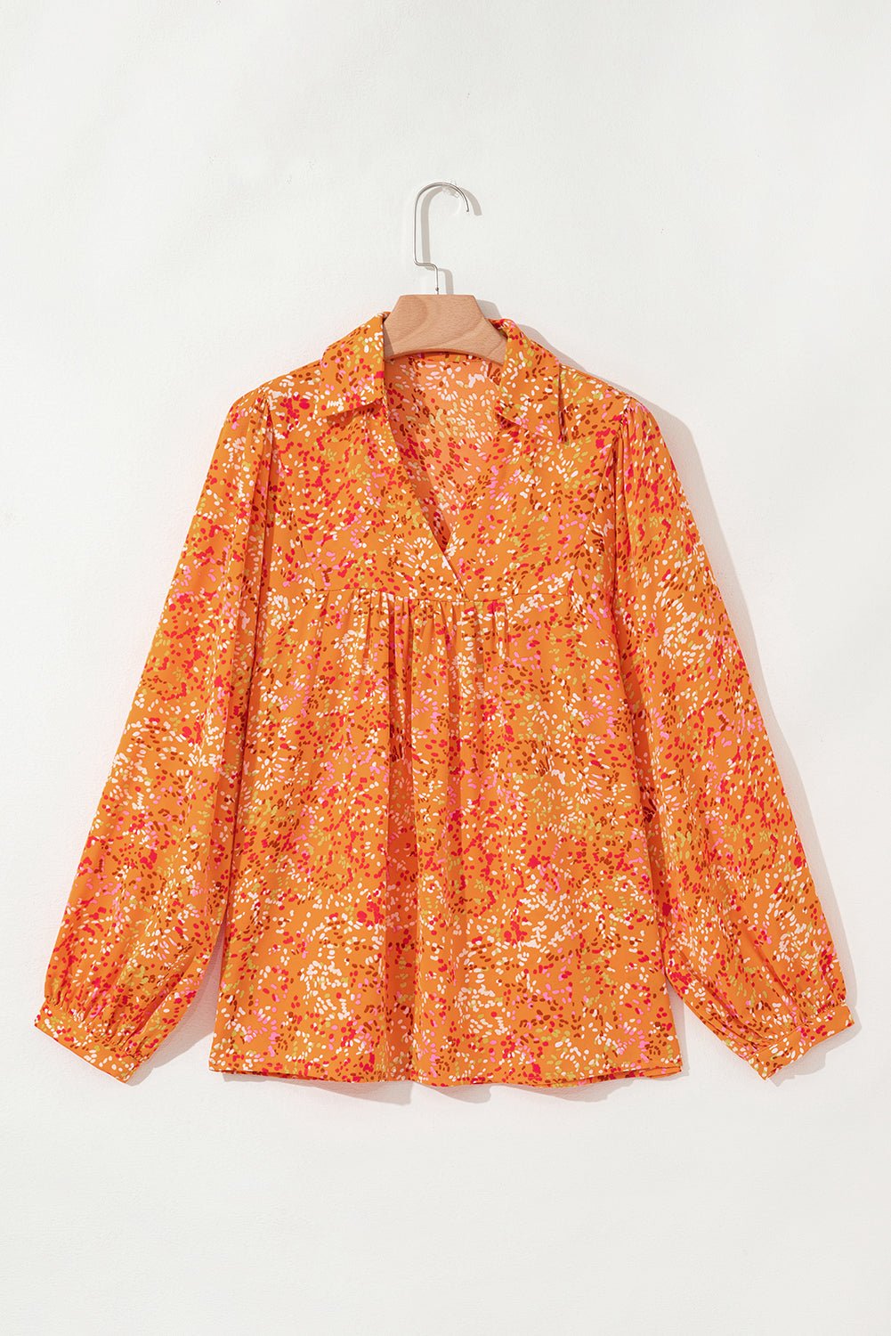 Orange Abstract Print Loose Fit Collared V Neck Babydoll Blouse - MAD RUFFI