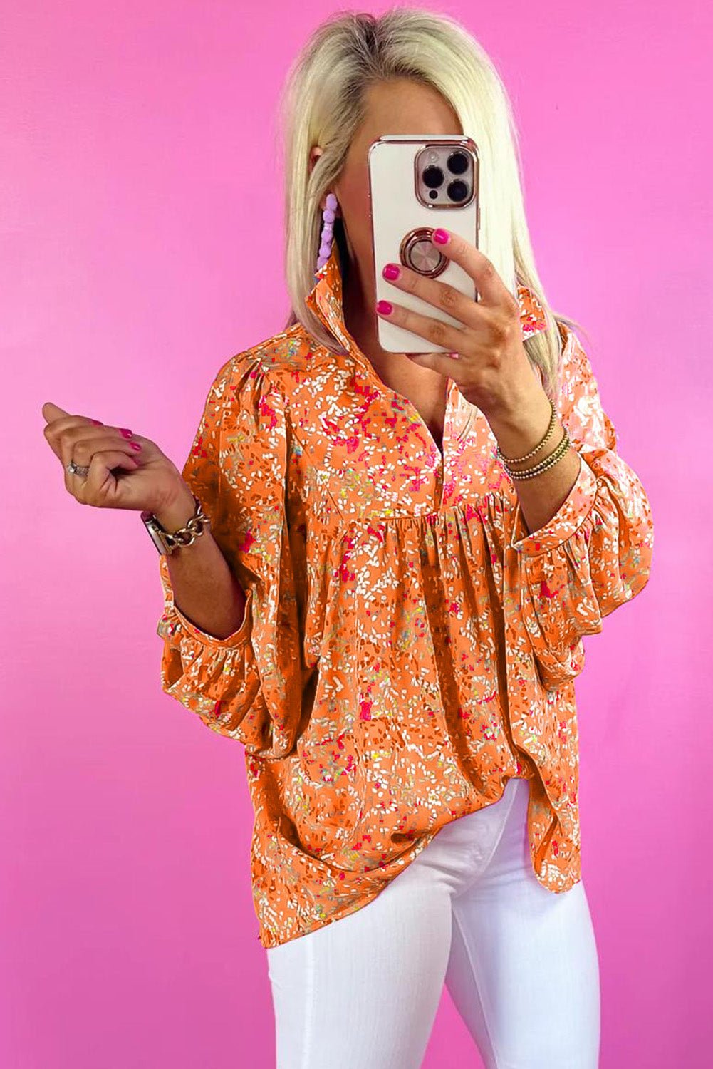 Orange Abstract Print Loose Fit Collared V Neck Babydoll Blouse - MAD RUFFI