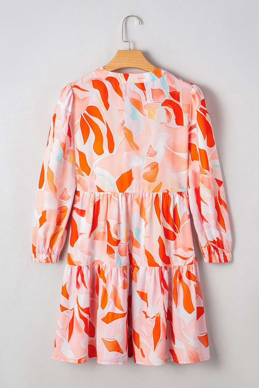 Orange Abstract Print Split Neck Long Sleeve Dress - MAD RUFFI