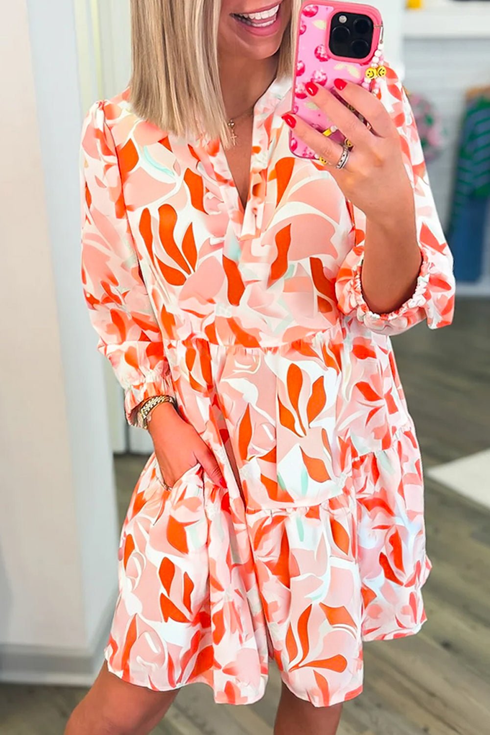 Orange Abstract Print Split Neck Long Sleeve Dress - MAD RUFFI