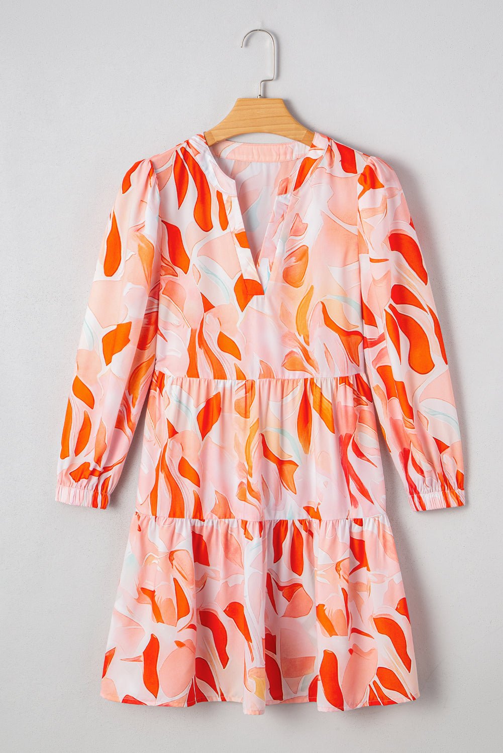 Orange Abstract Print Split Neck Long Sleeve Dress - MAD RUFFI