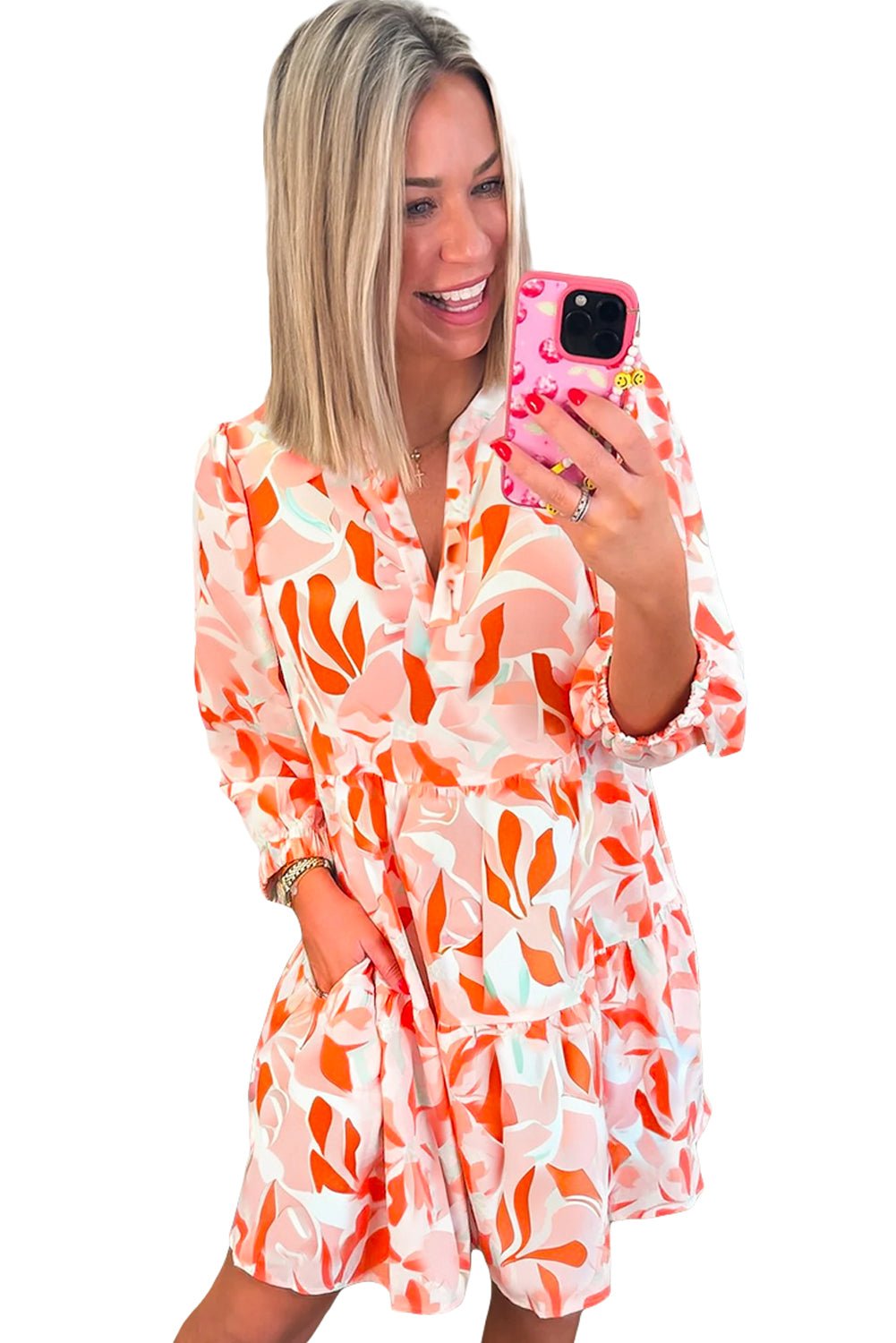 Orange Abstract Print Split Neck Long Sleeve Dress - MAD RUFFI